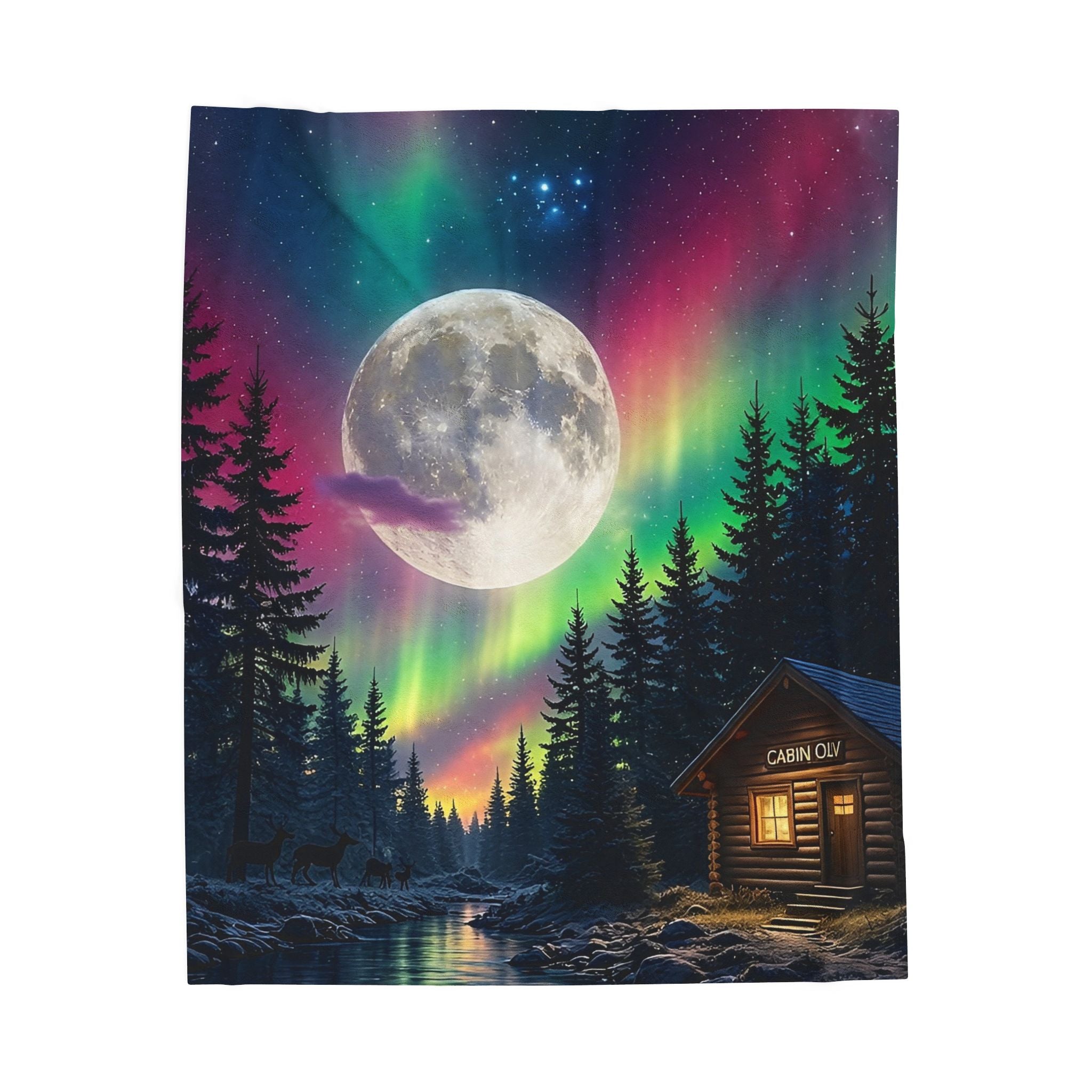 Northern Lights Cabin Velveteen Plush Blanket — Moonlit Aurora Throw for Cozy Nights