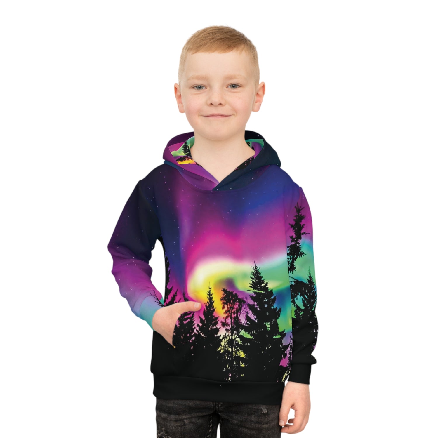 Aurora Neon Moon Children's Hoodie — Bright Night Sky Over Tree Line