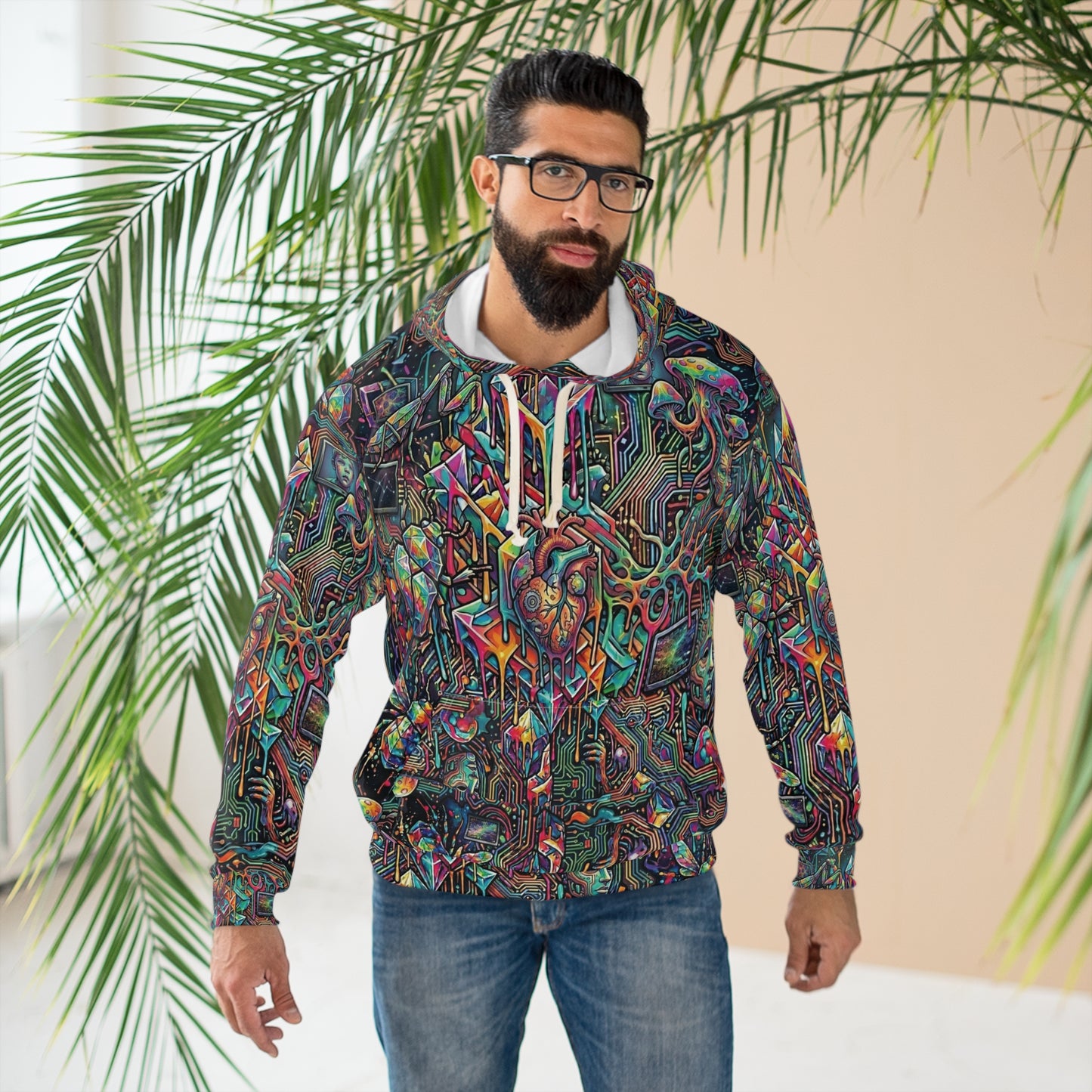 Cyber-Psychedelic Maximalist Hoodie — Colorful Contrasting Modern Art Pullover