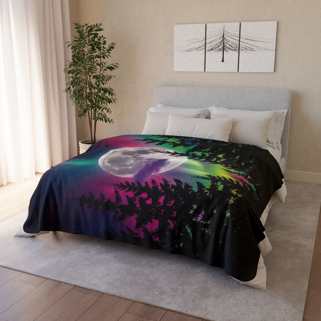 Northern Lights Fleece Sherpa Blanket – Neon Aurora Moon Forest Plush Throw