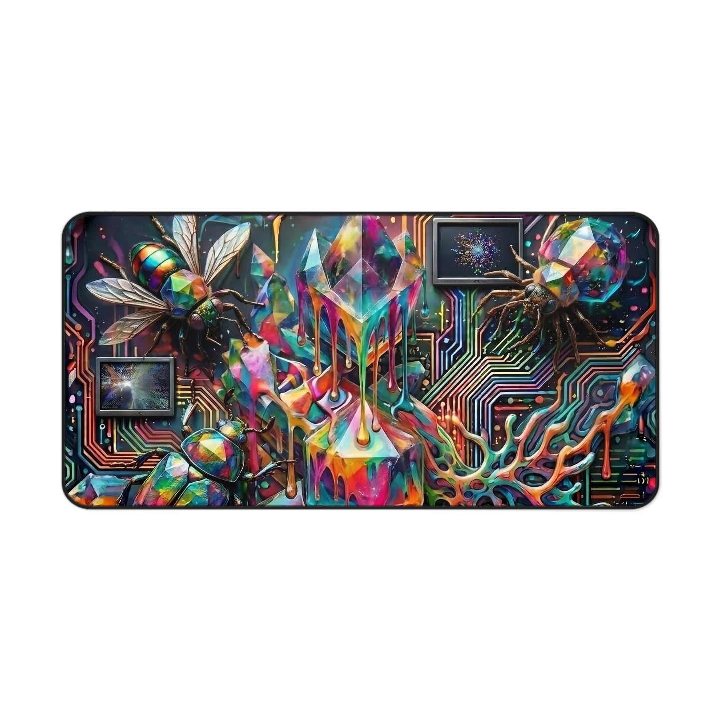 Cyber Psychedelic "Computer Bug" Desk Mat — Crystals, Insects & Circuit Art