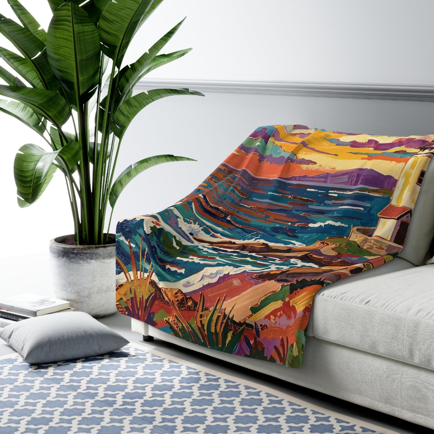 Colorful Lighthouse Sherpa Fleece Blanket — Cozy Nautical Throw
