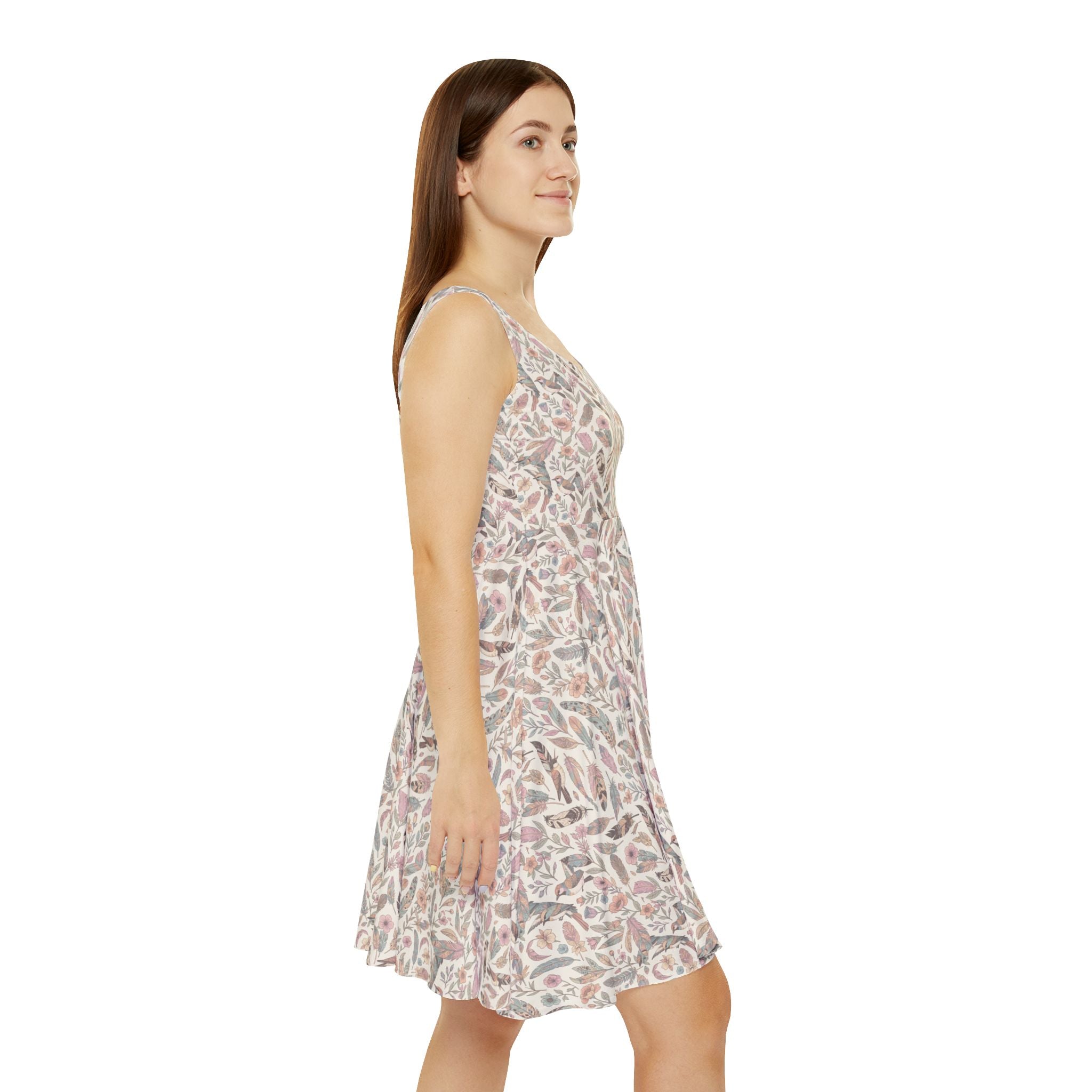 Feathers and Leaves Print Women's Flared Mini Dress, Neutral Summer Floral Pattern