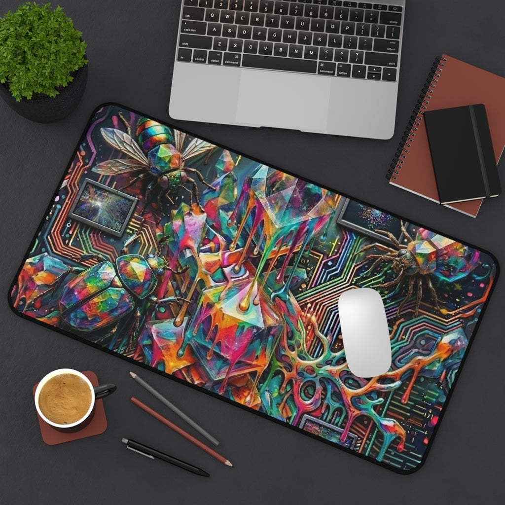 Cyber Psychedelic "Computer Bug" Desk Mat — Crystals, Insects & Circuit Art