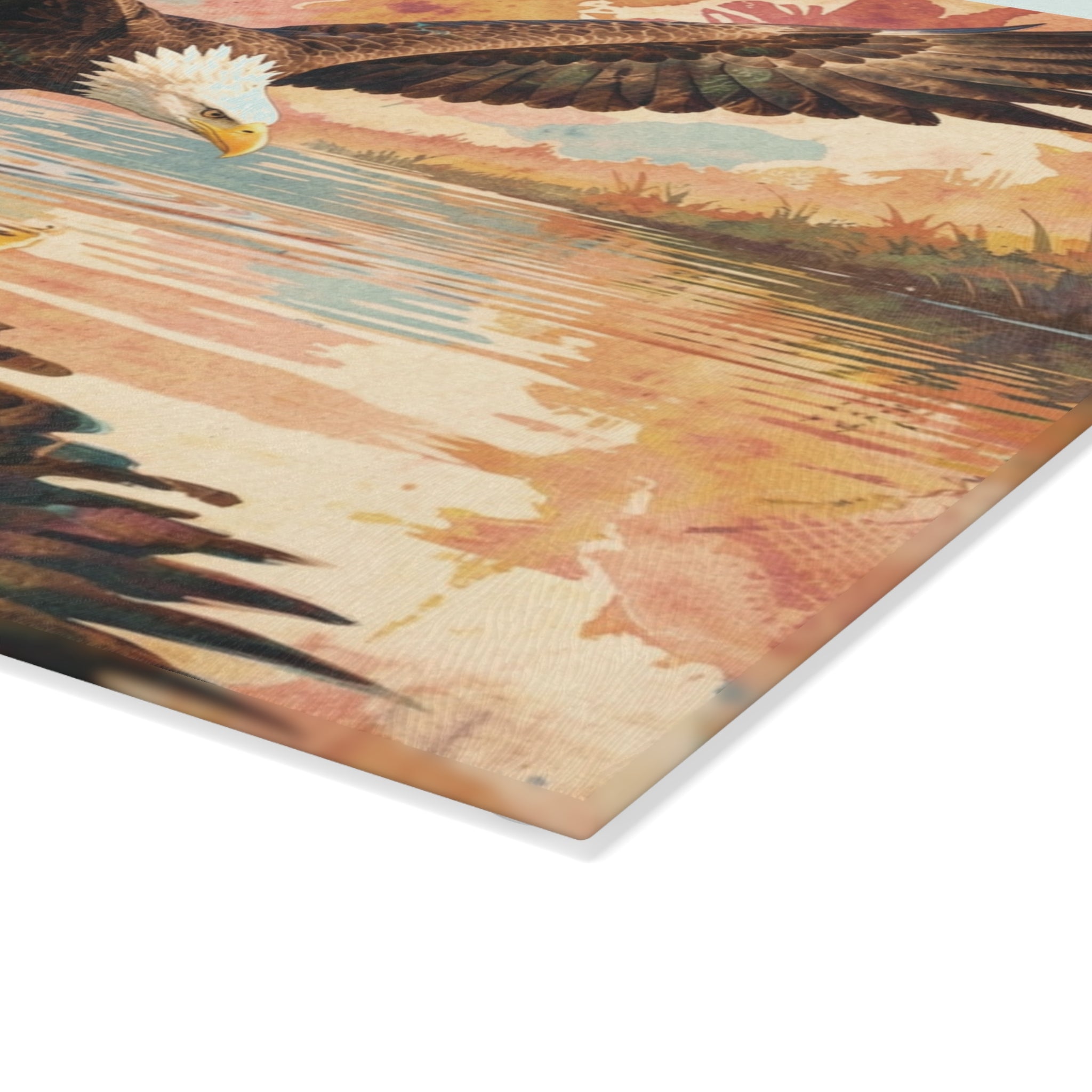 Boho Watercolor Eagle Glass Cutting Board — Swooping Eagle with Reflection