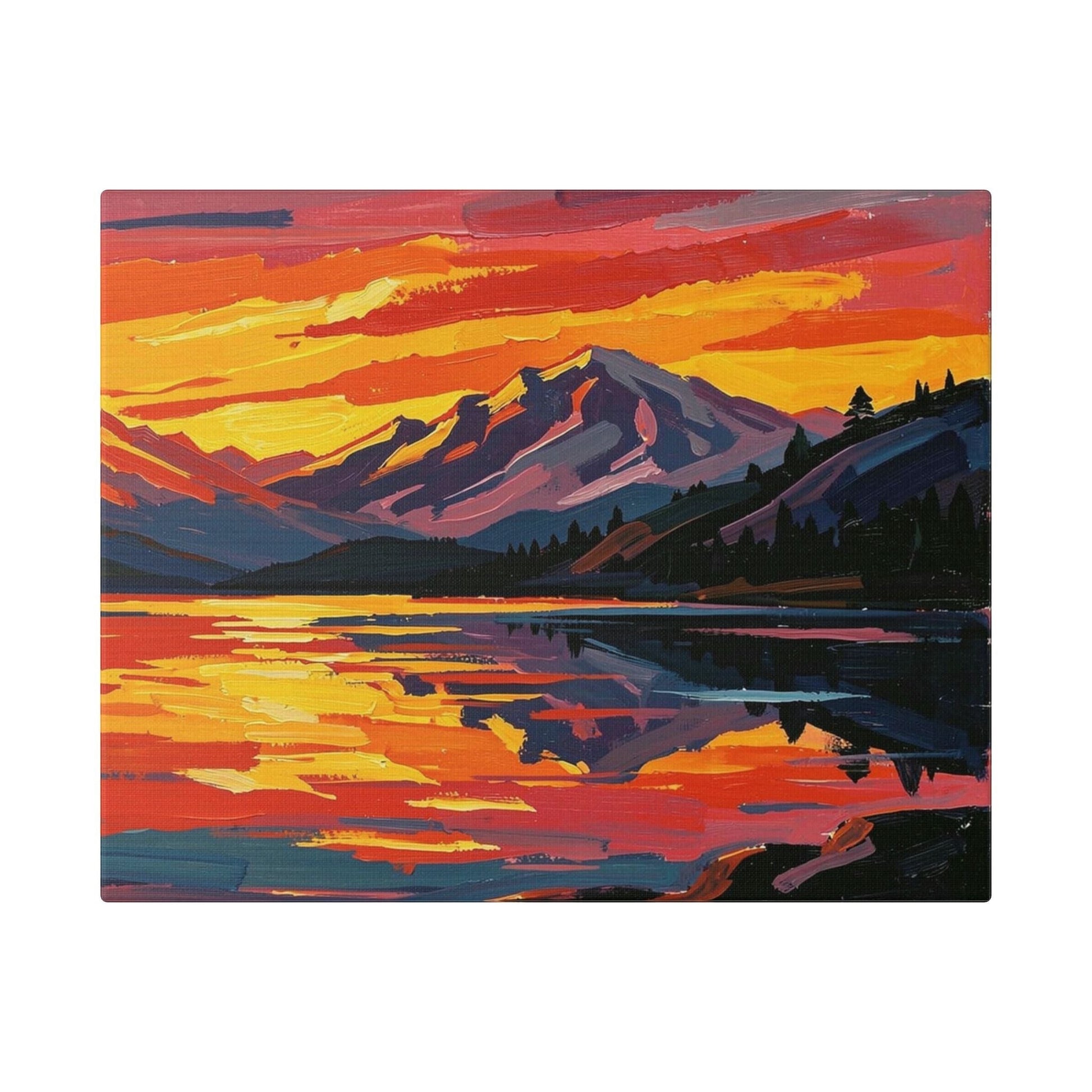 Chromatic canvas print featuring a vibrant sunset over a mountain lake with textured orange and indigo brushstrokes.