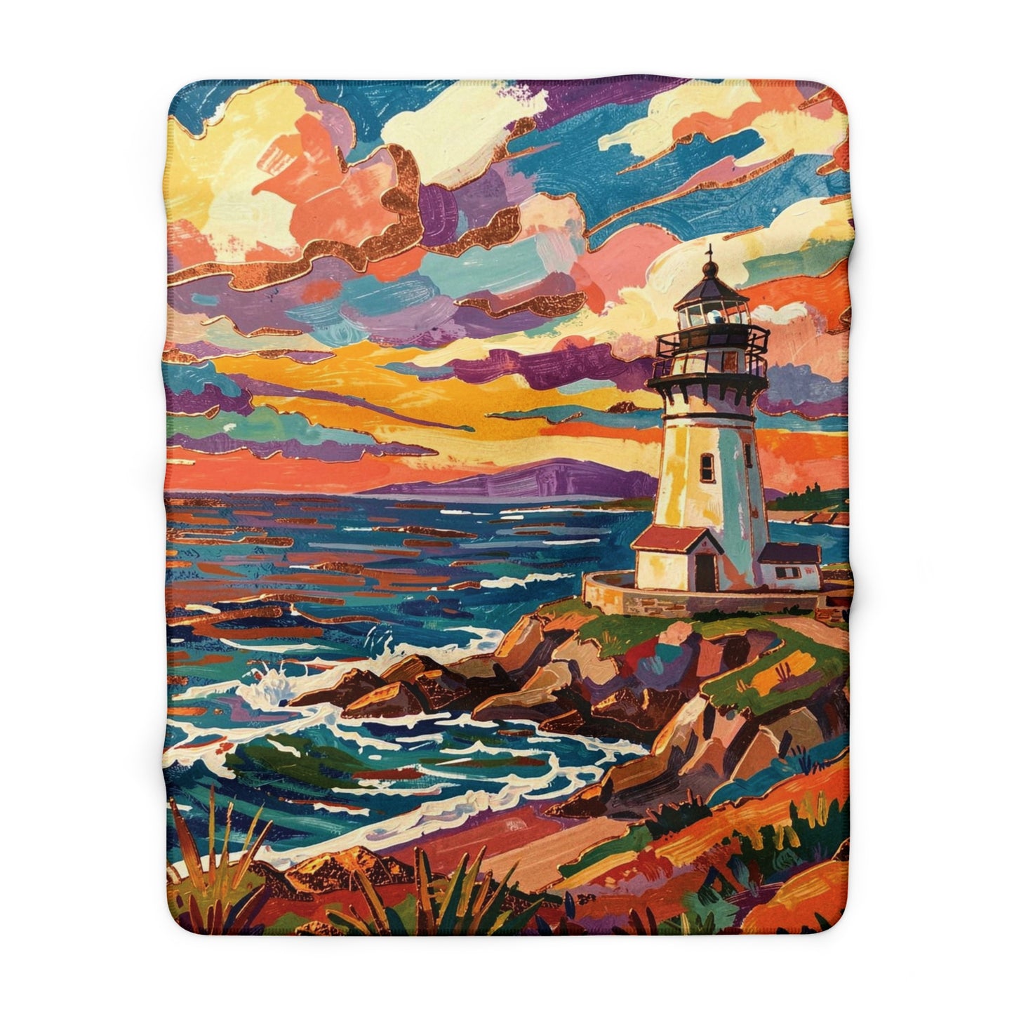Colorful Lighthouse Sherpa Fleece Blanket — Cozy Nautical Throw