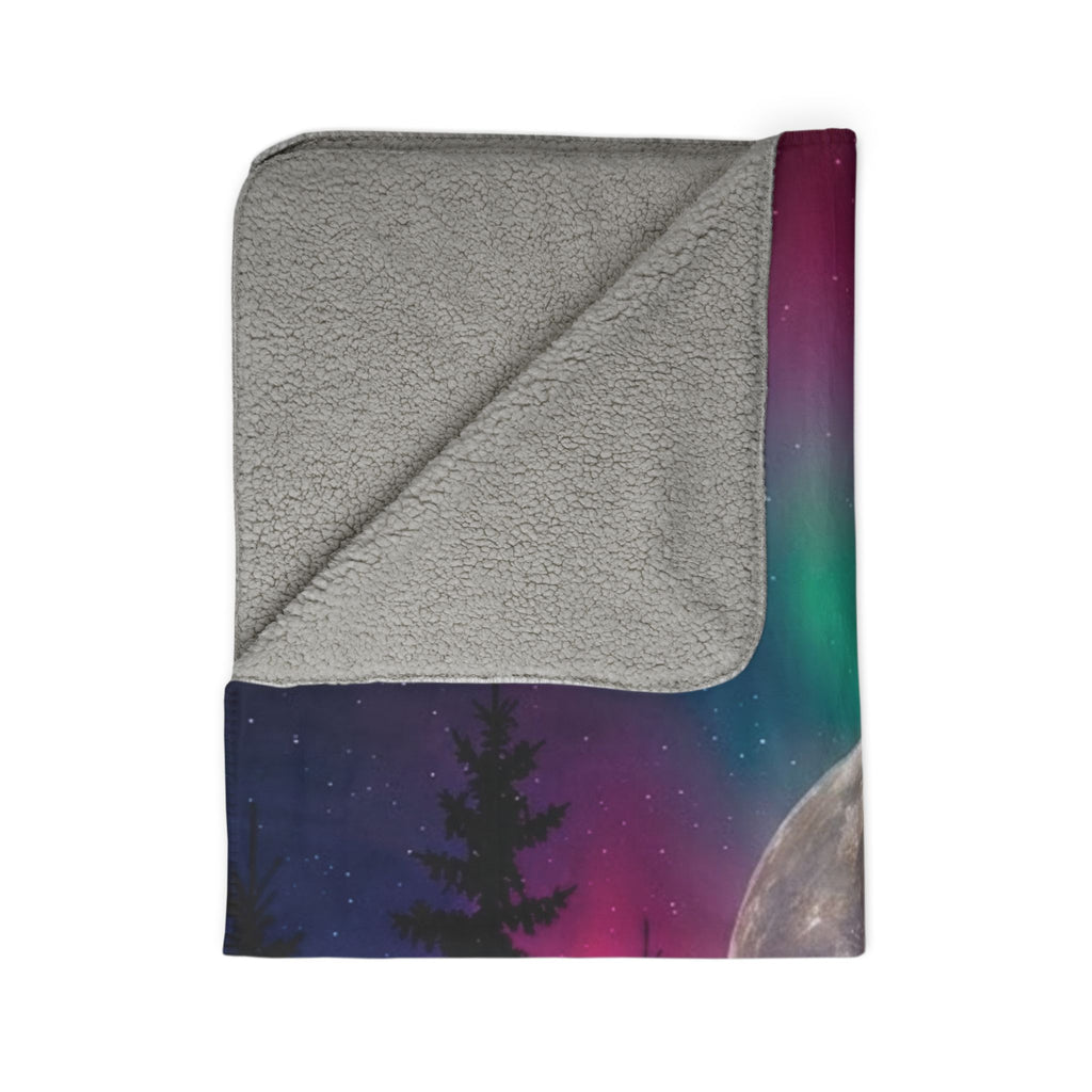 Northern Lights Fleece Sherpa Blanket – Neon Aurora Moon Forest Plush Throw