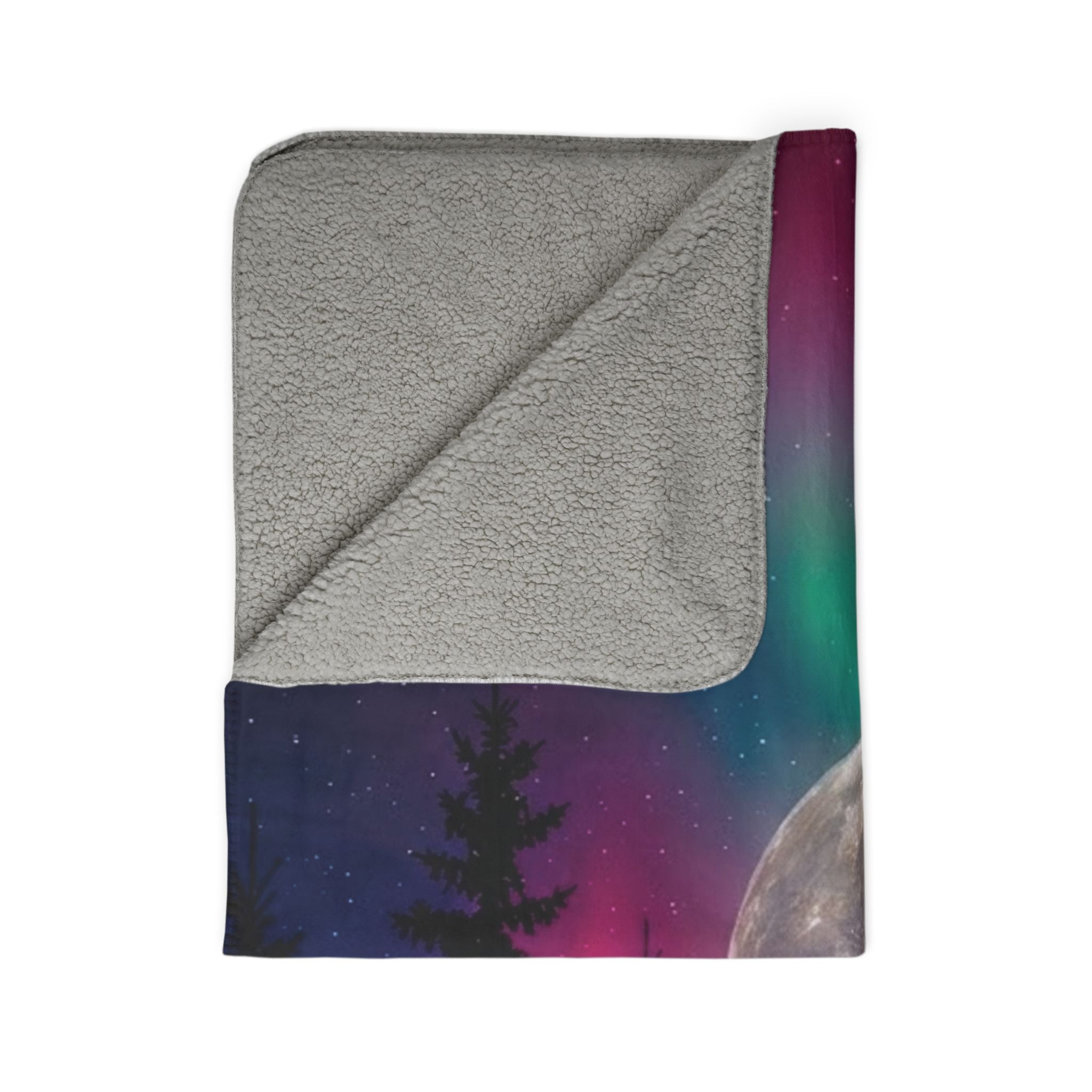 Northern Lights Fleece Sherpa Blanket – Neon Aurora Moon Forest Plush Throw
