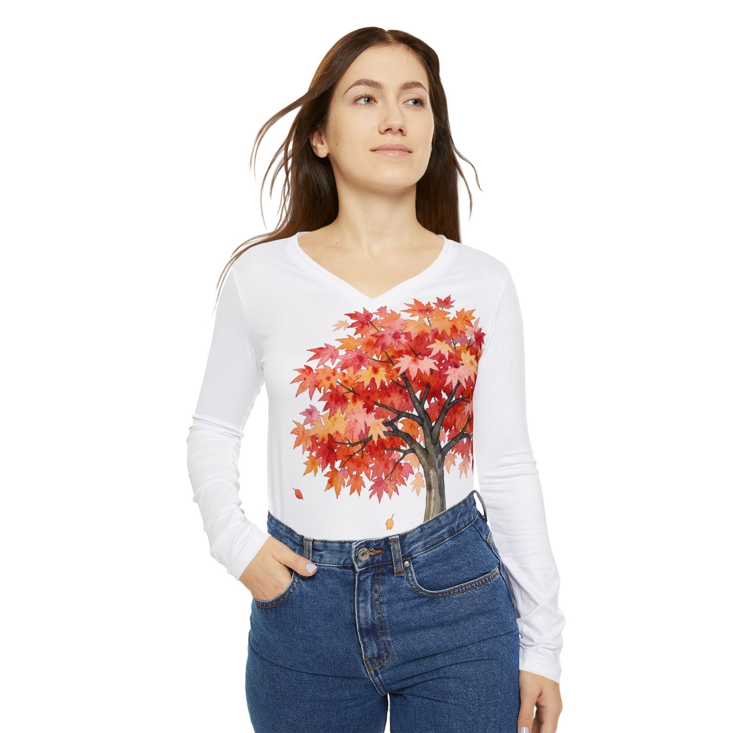 Japanese Maple Colorful Statement Women's Long Sleeve V-Neck Shirt