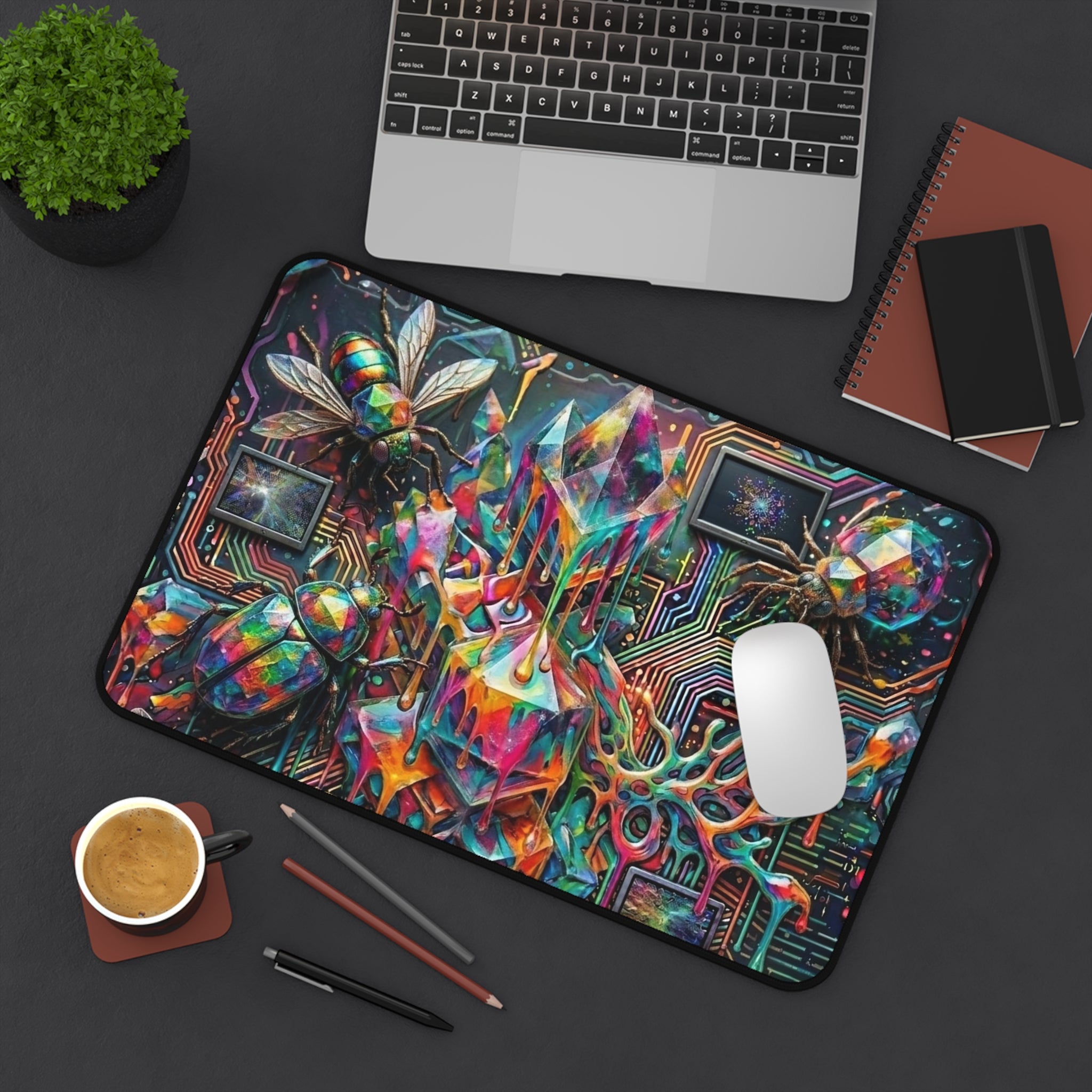 Cyber Psychedelic "Computer Bug" Desk Mat — Crystals, Insects & Circuit Art