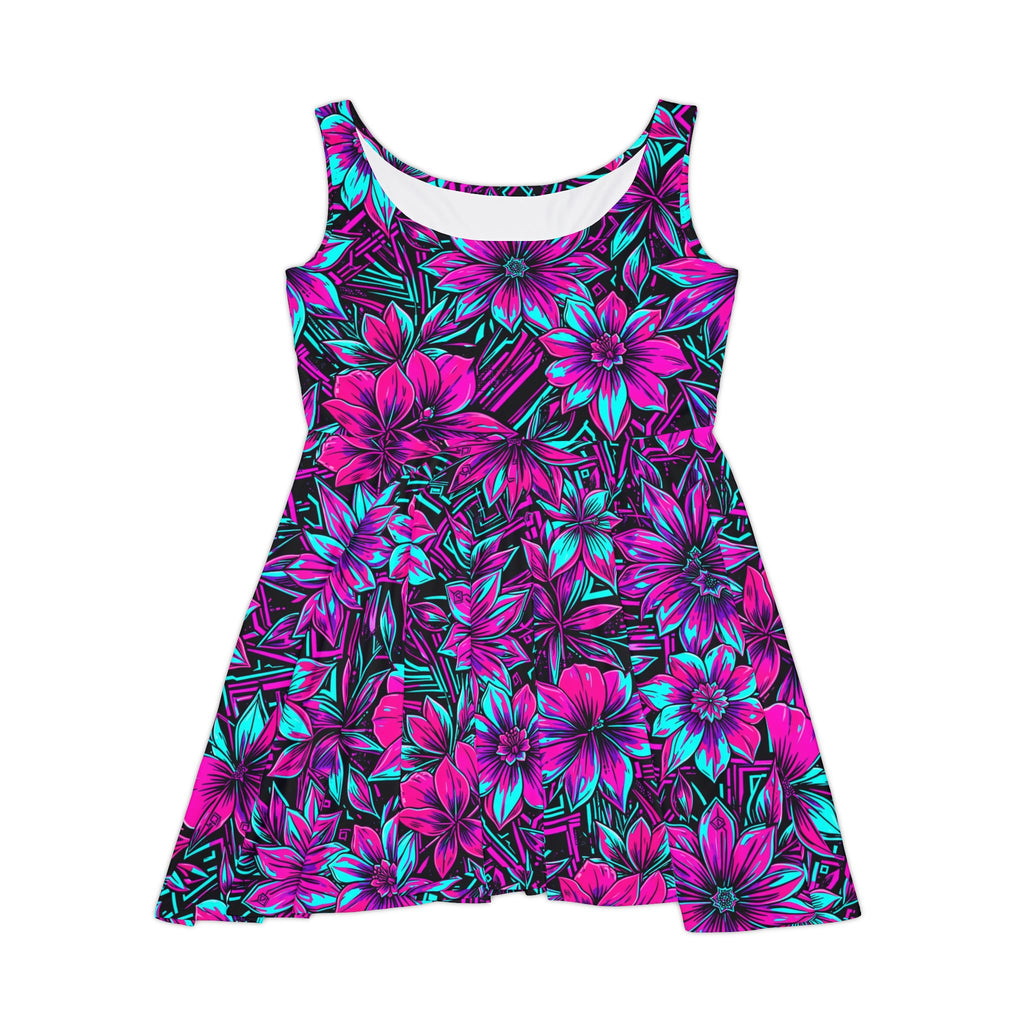 Neon Floral Flared Mini Dress— Bright Breathable Stretchy AOP