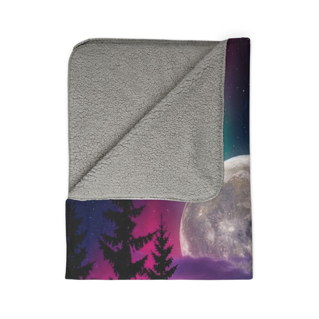 Northern Lights Fleece Sherpa Blanket – Neon Aurora Moon Forest Plush Throw