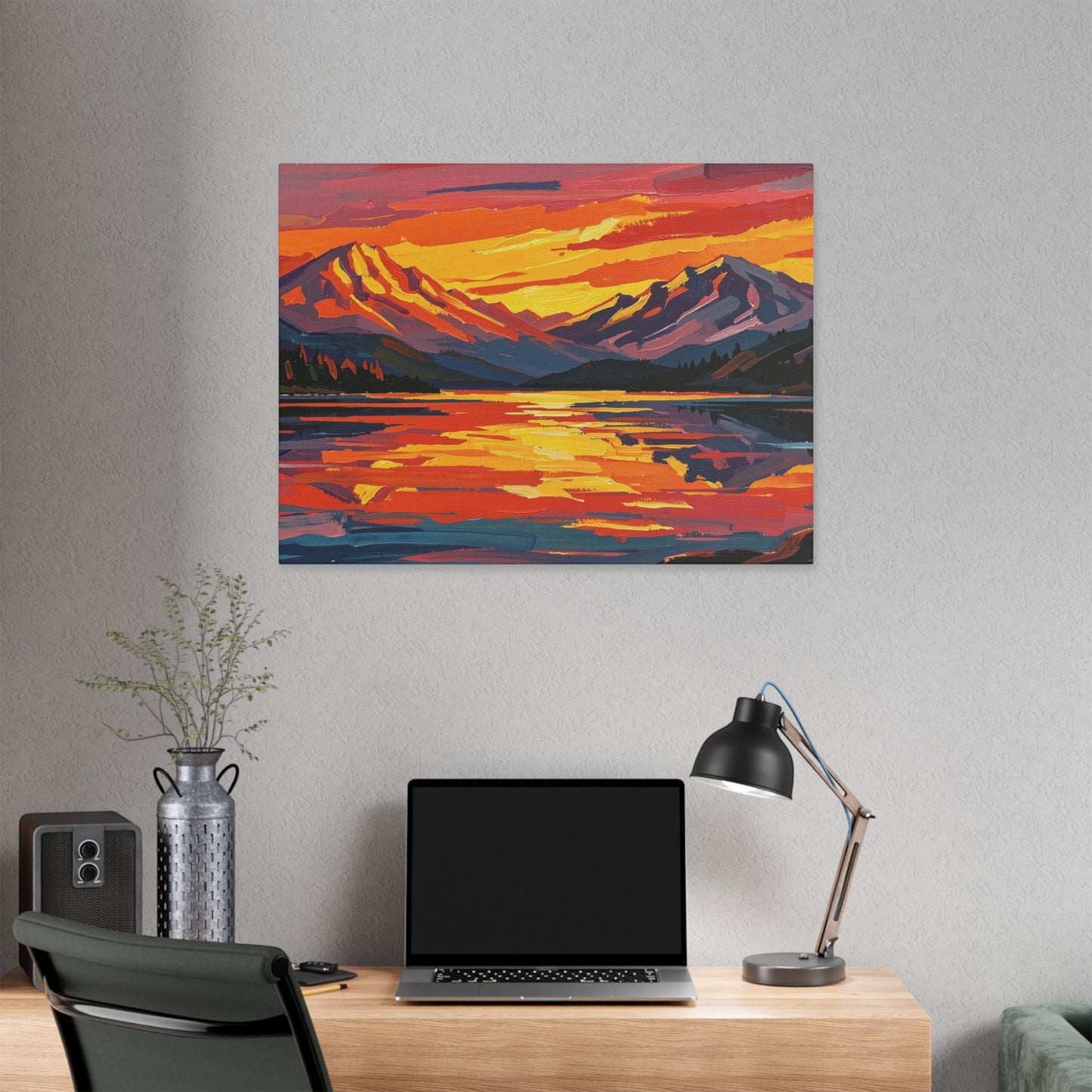 Sunset Mountain Lake Canvas Print — Vibrant Mountain Landscape Wall Art
