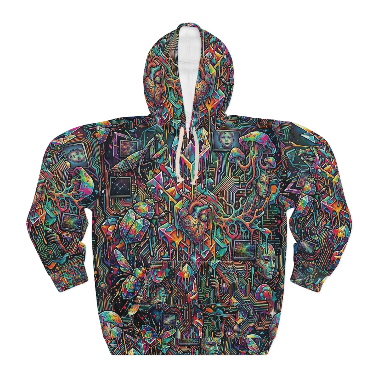 Cyber-Psychedelic Maximalist Hoodie — Colorful Contrasting Modern Art Pullover
