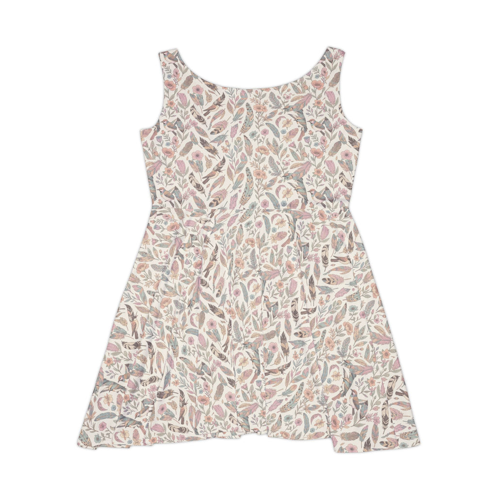 Feathers and Leaves Print Women's Flared Mini Dress, Neutral Summer Floral Pattern