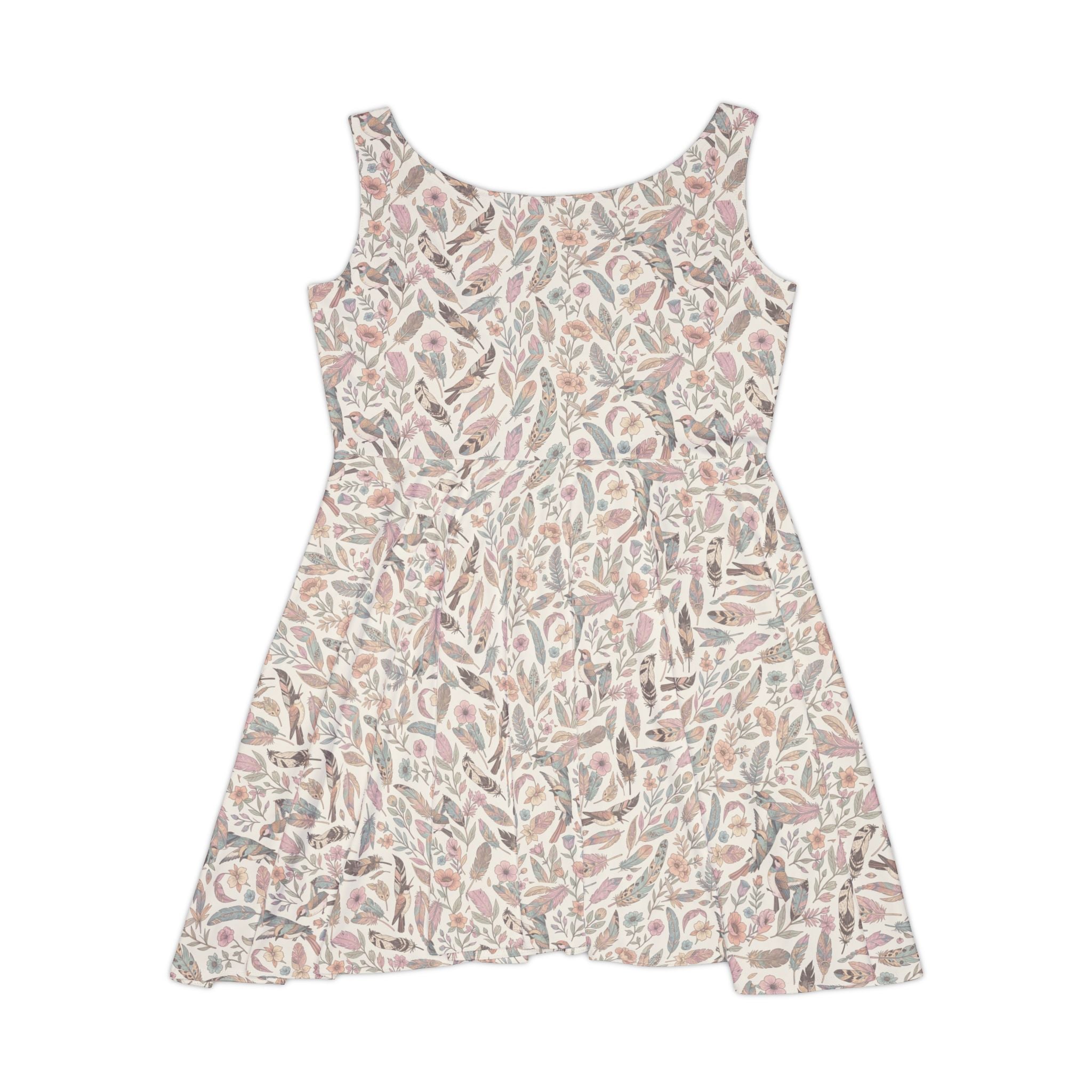 Feathers and Leaves Print Women's Flared Mini Dress, Neutral Summer Floral Pattern