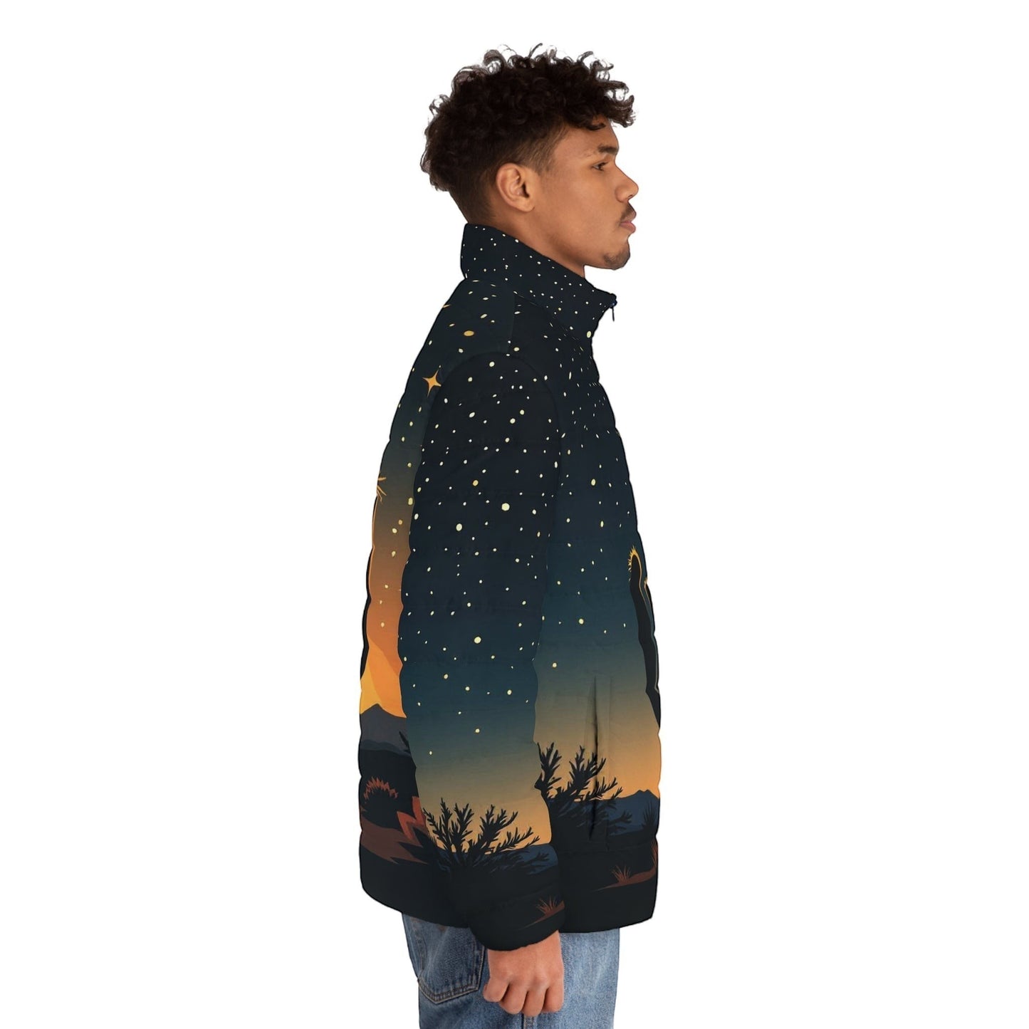 Model wearing a Chromatic puffer jacket with a desert dusk landscape print, featuring cacti and stars on a dark background.
