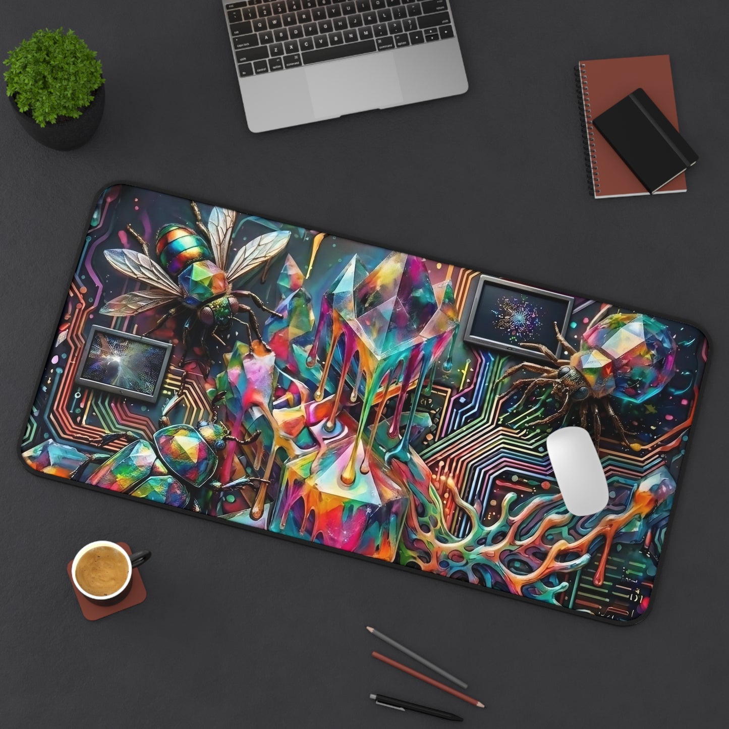 Cyber Psychedelic "Computer Bug" Desk Mat — Crystals, Insects & Circuit Art