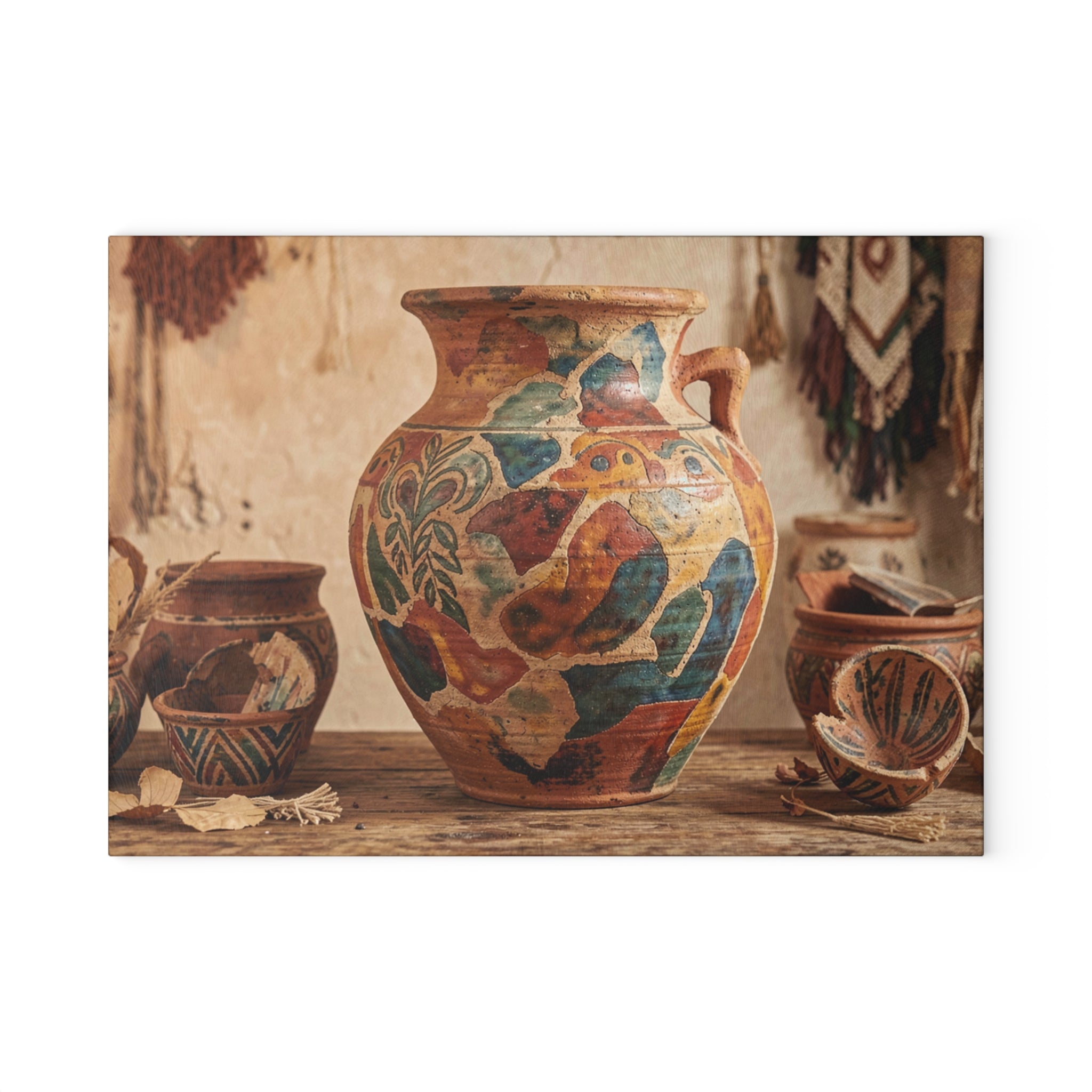 Boho Sunbaked Clay Pitcher Art Glass Cutting Board | Kitchen Countertop Decor