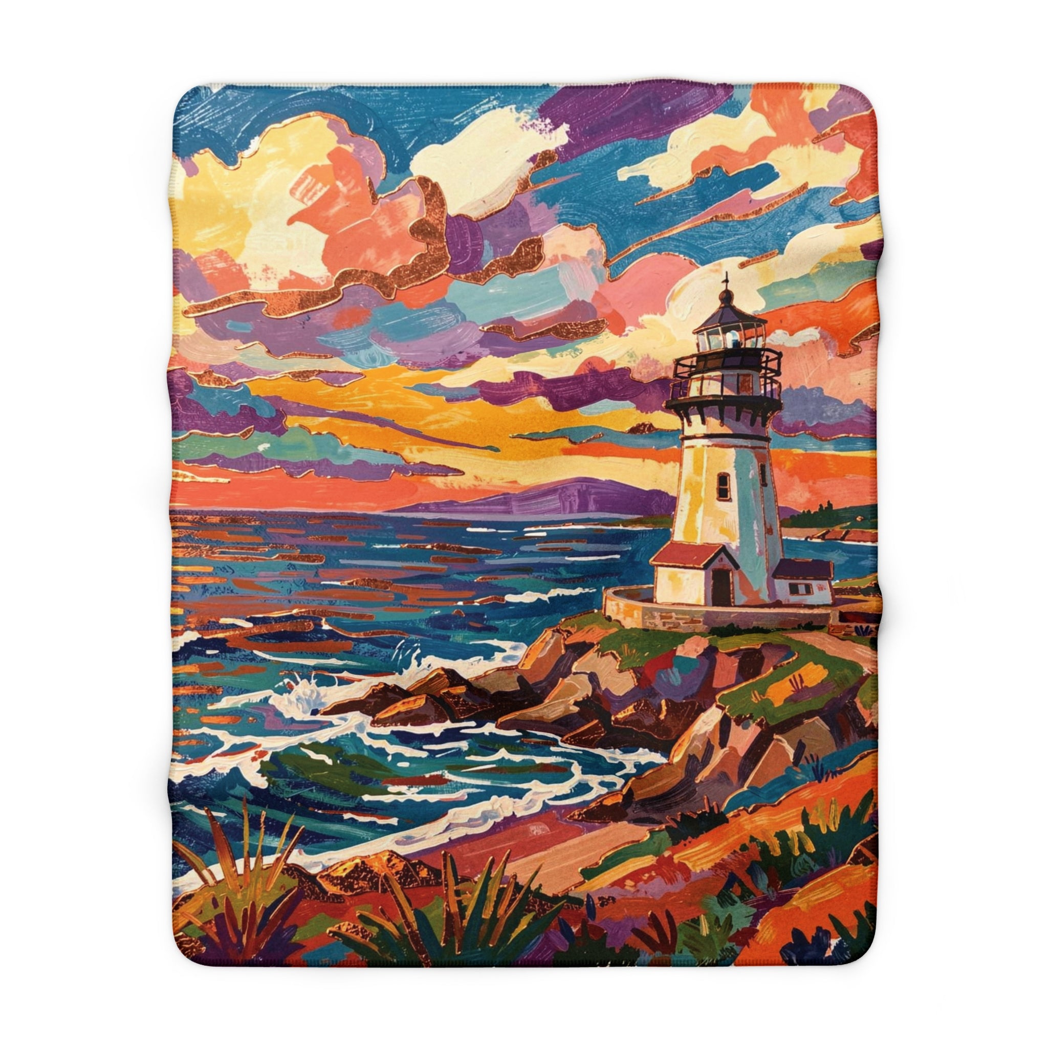 Colorful Lighthouse Sherpa Fleece Blanket — Cozy Nautical Throw