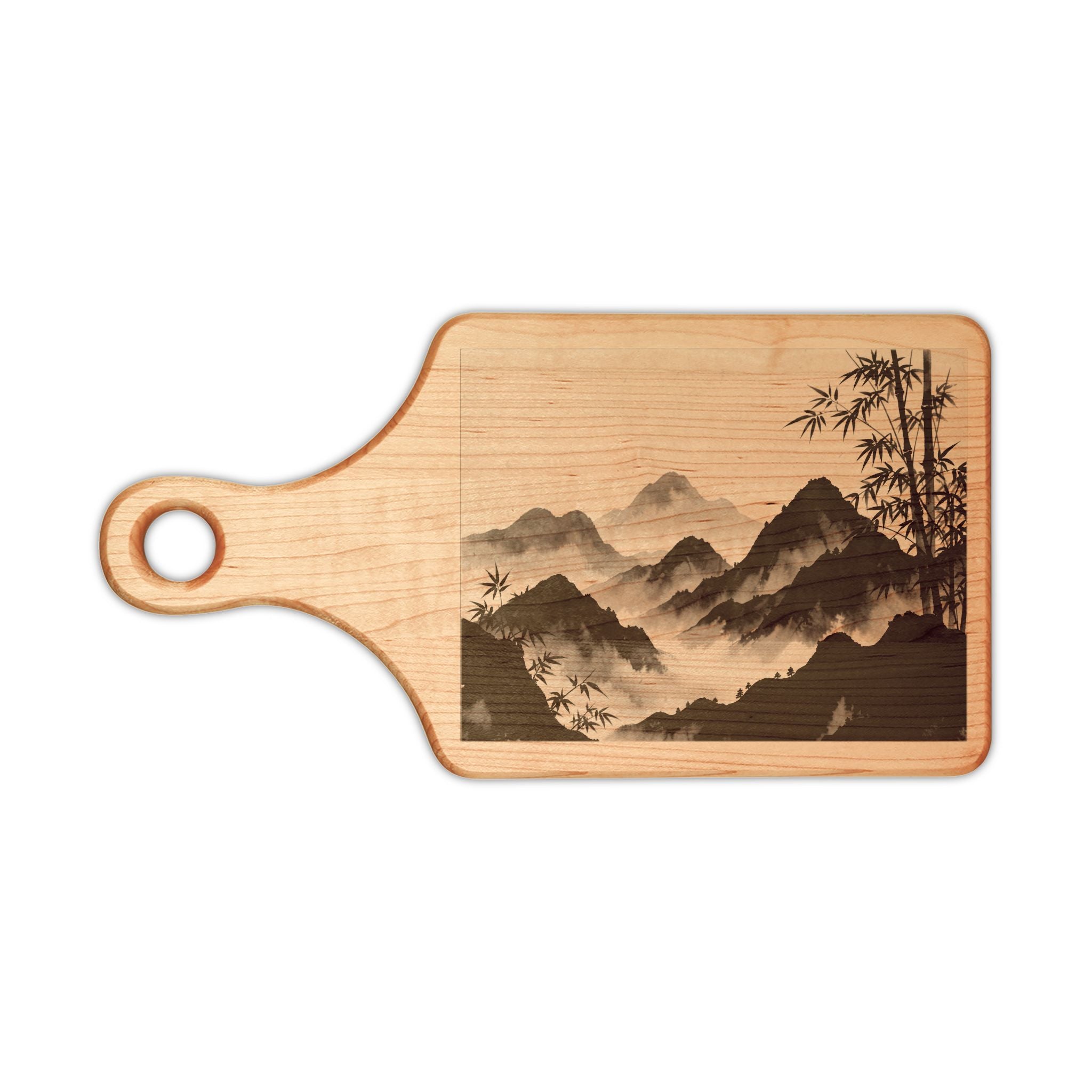 Zen Bamboo Mountains Wooden Cutting Board — Engraved Maple or Walnut