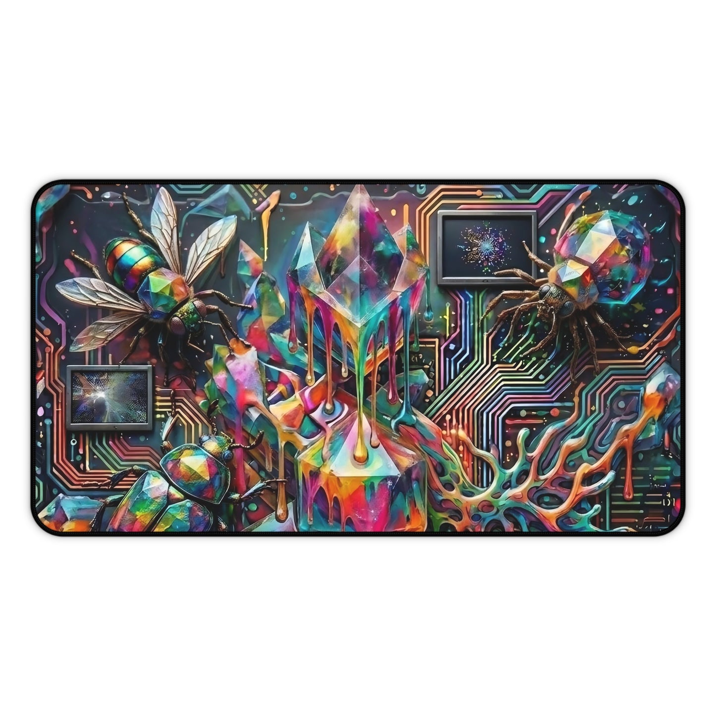 Cyber Psychedelic "Computer Bug" Desk Mat — Crystals, Insects & Circuit Art