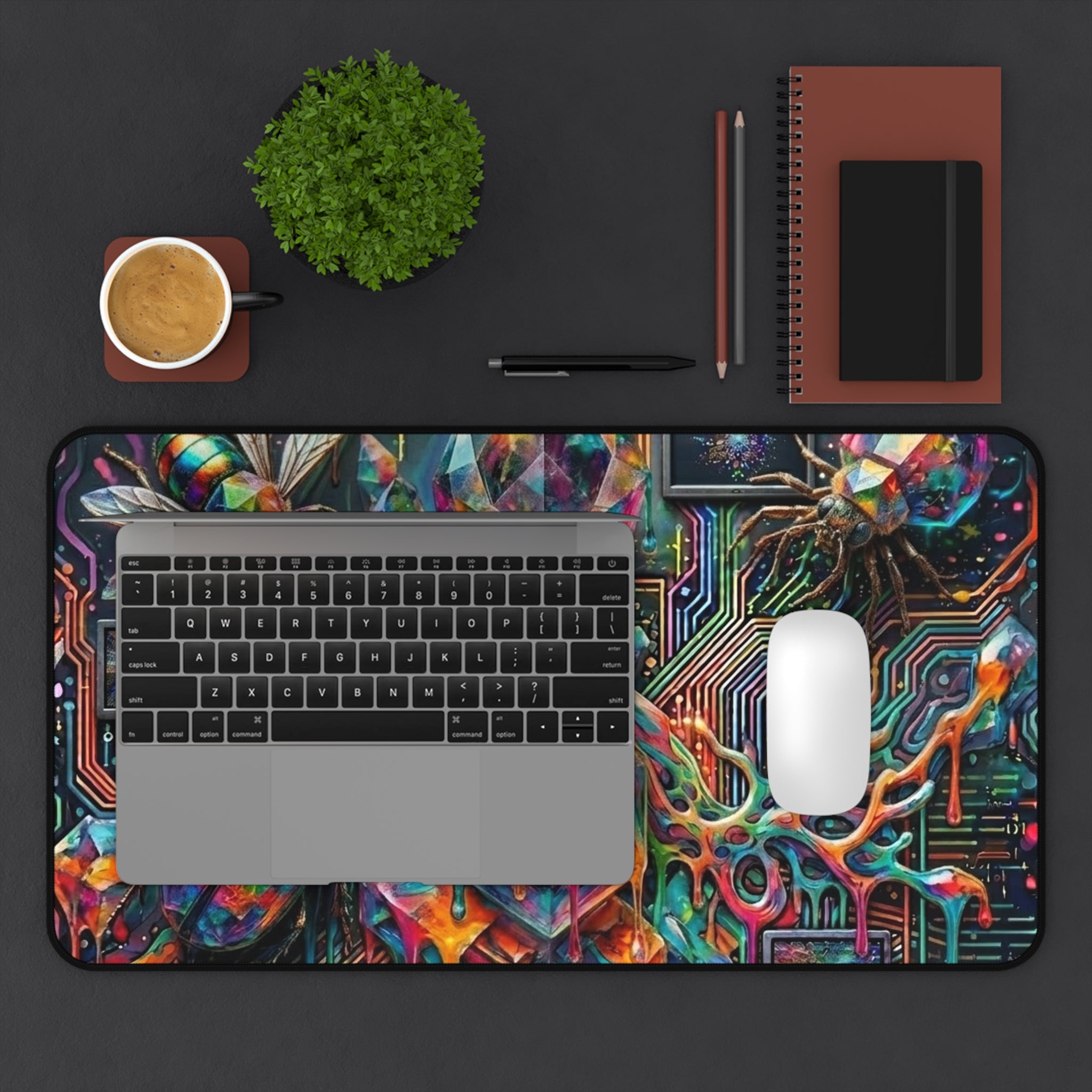 Cyber Psychedelic "Computer Bug" Desk Mat — Crystals, Insects & Circuit Art