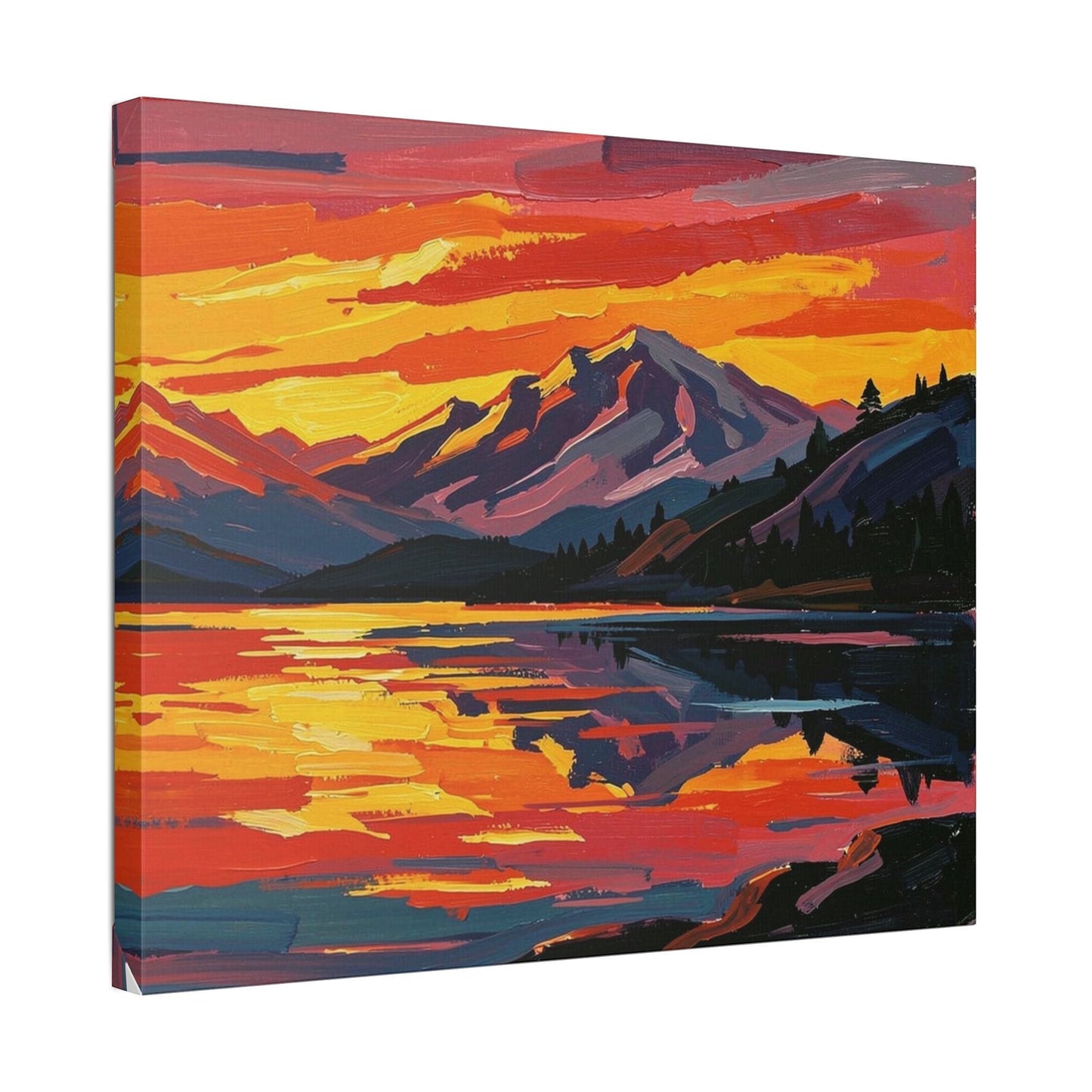 Chromatic canvas print featuring a vibrant sunset over a mountain lake with bold orange, magenta, and indigo brushstrokes