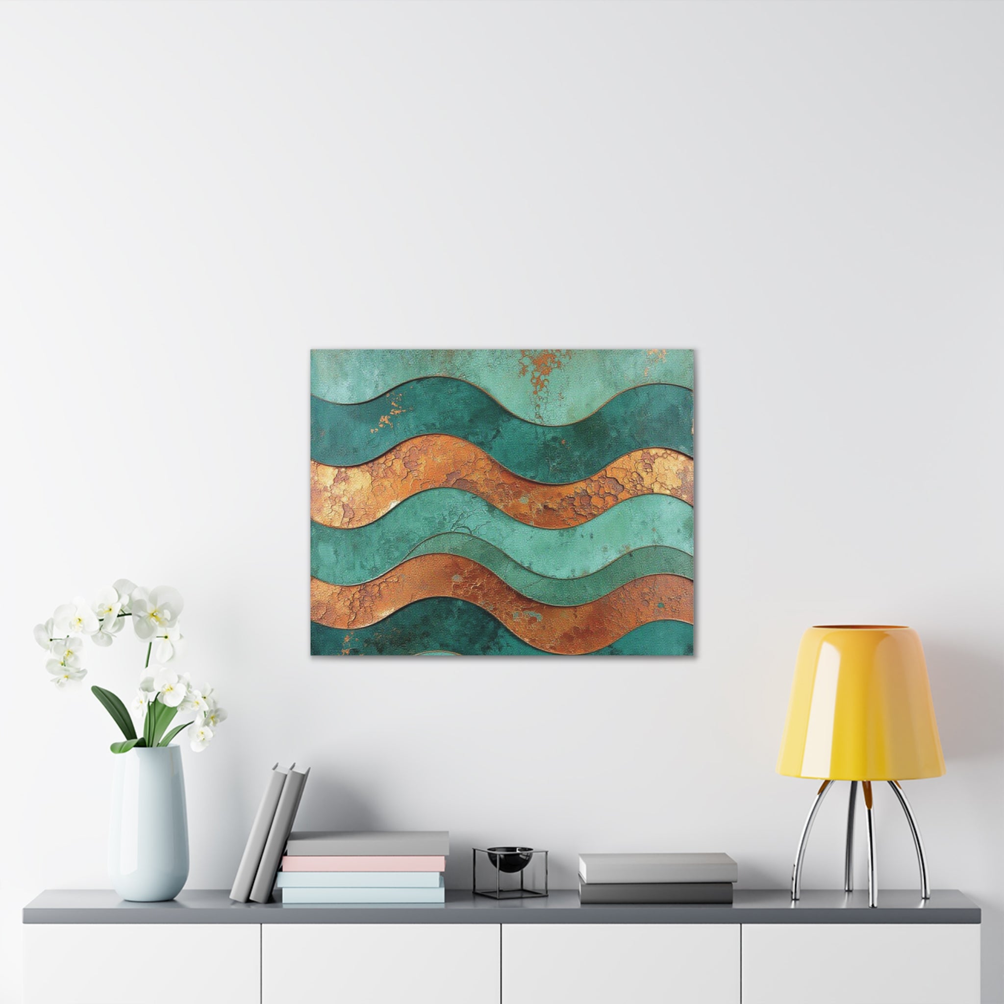 Abstract Copper Waves Canvas Art – Teal & Rust Stretched Wall Decor