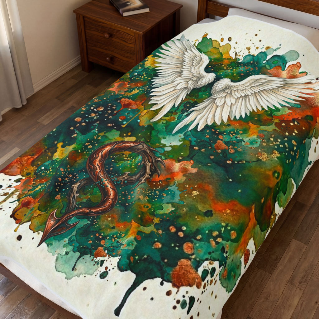 Velveteen Plush Blanket — Angel Wings & Devil Tail Watercolor Duality with Gold & Copper Highlights