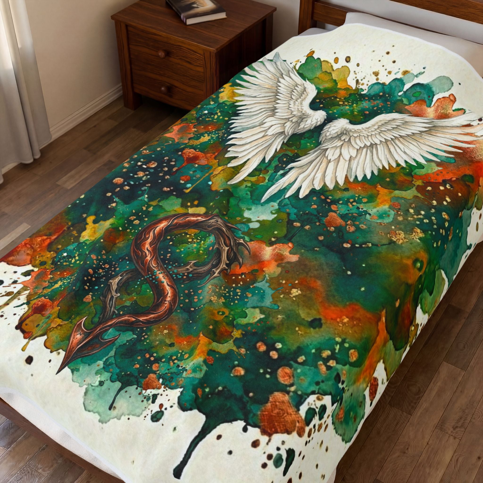 Velveteen Plush Blanket — Angel Wings & Devil Tail Watercolor Duality with Gold & Copper Highlights