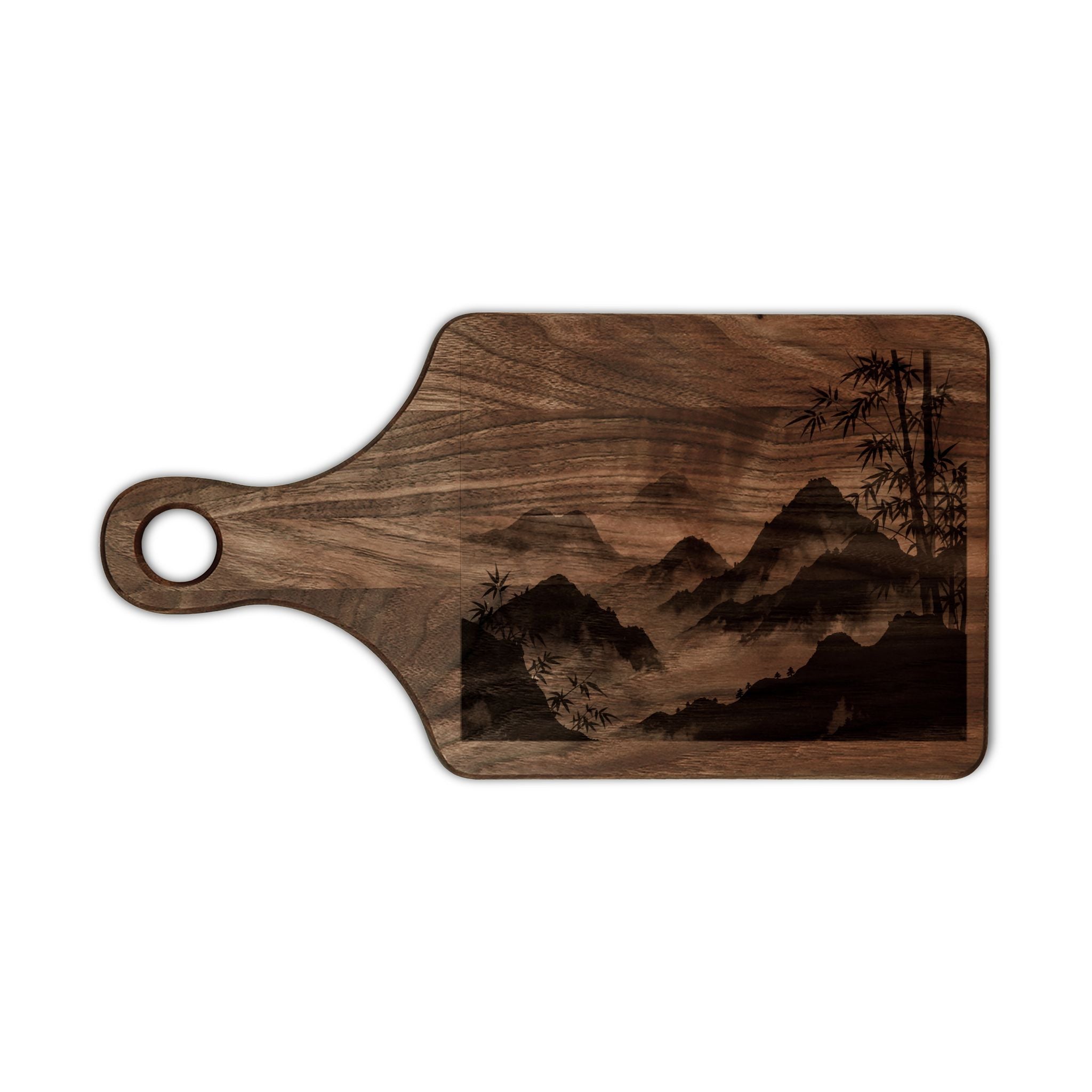 Zen Bamboo Mountains Wooden Cutting Board — Engraved Maple or Walnut