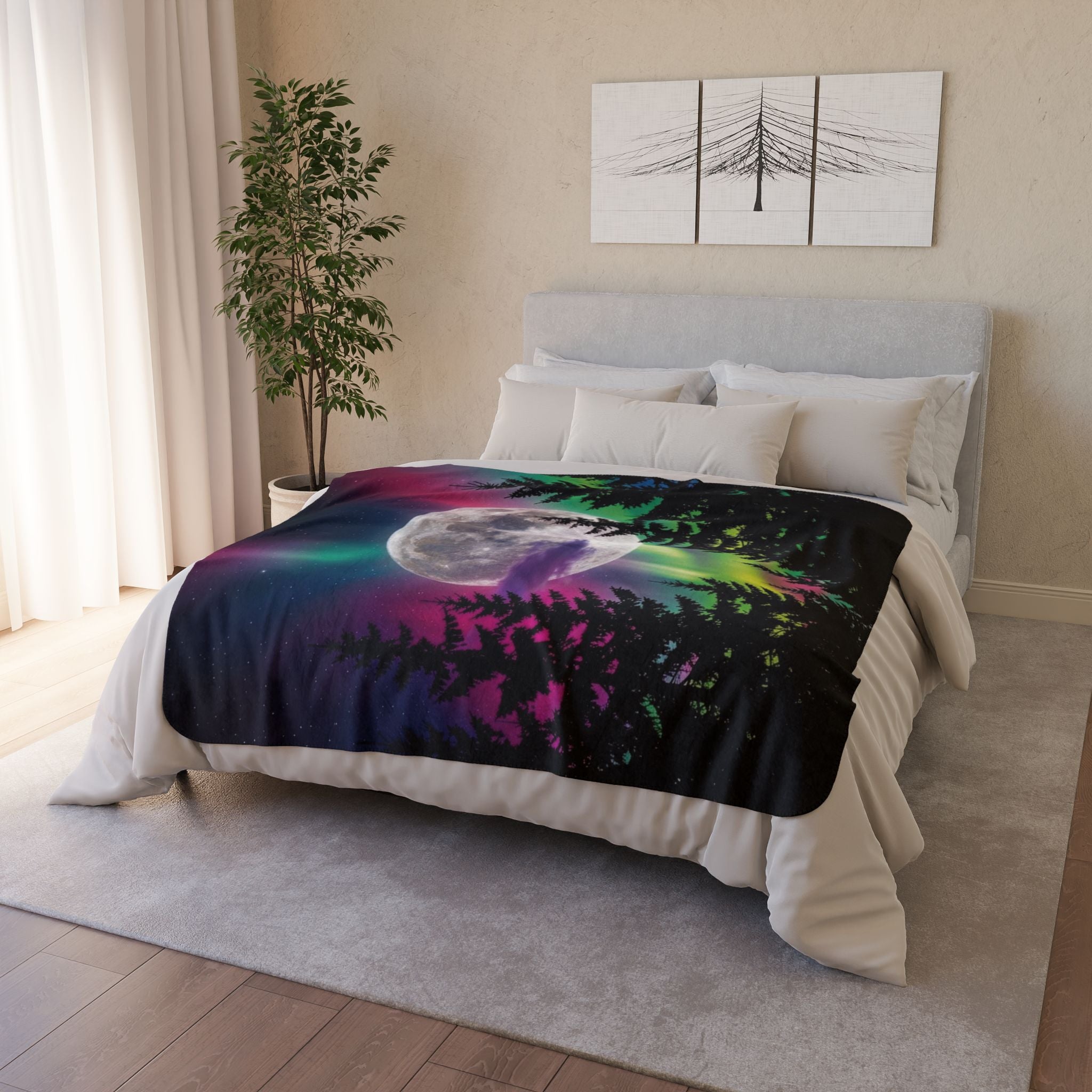 Northern Lights Fleece Sherpa Blanket – Neon Aurora Moon Forest Plush Throw
