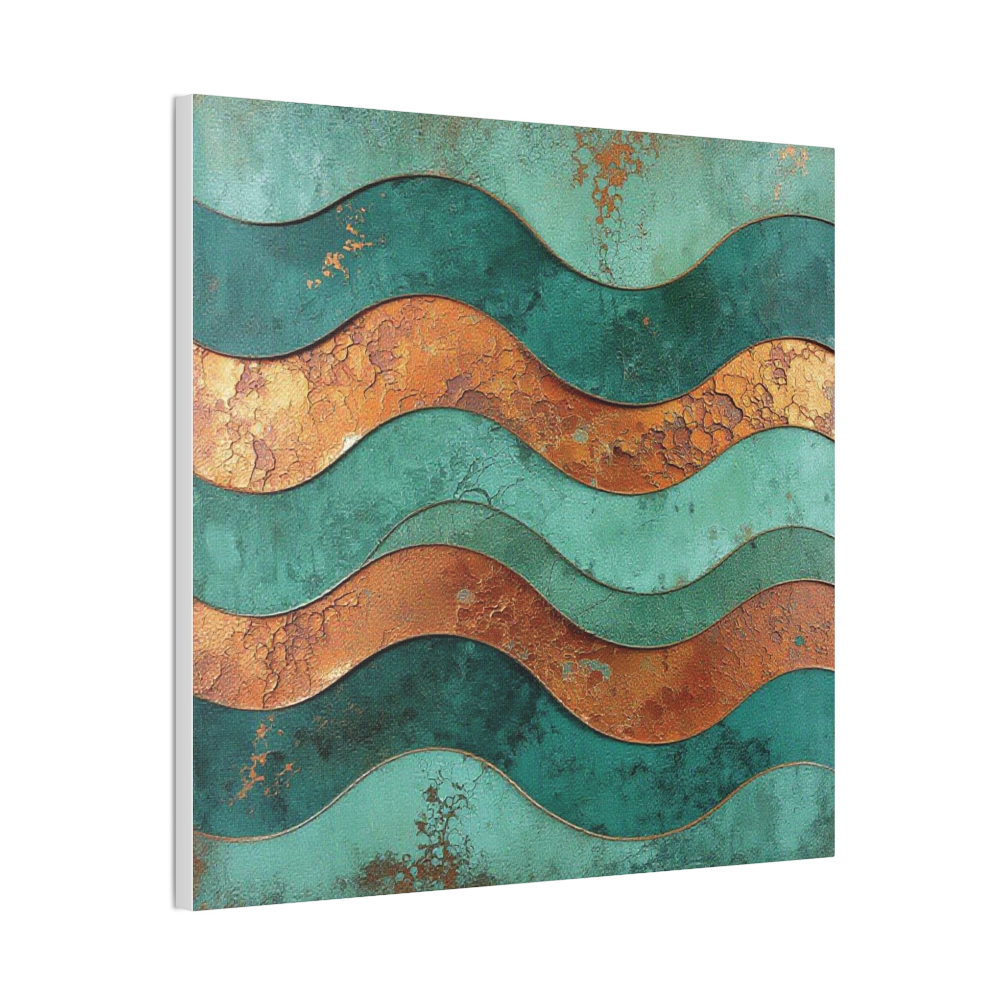 Abstract Copper Waves Canvas Art – Teal & Rust Stretched Wall Decor