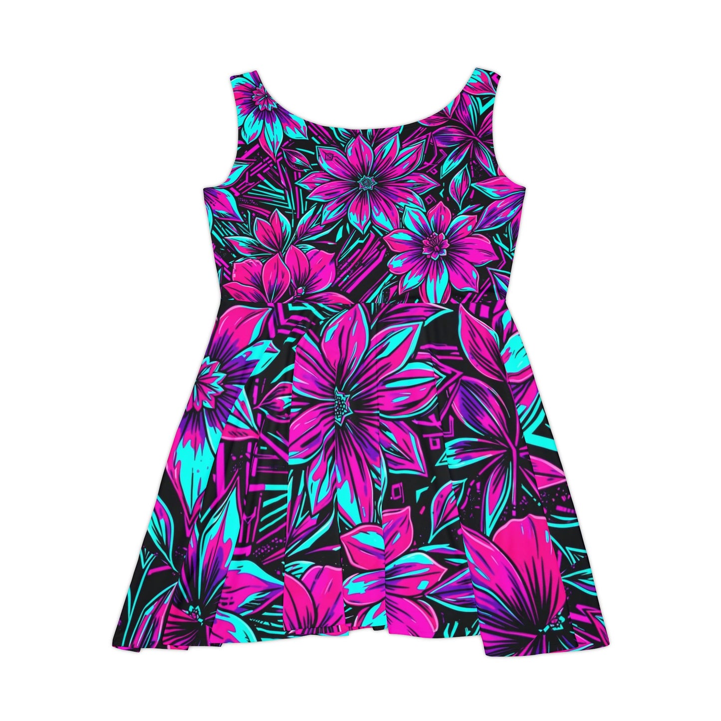 Neon Floral Flared Mini Dress— Bright Breathable Stretchy AOP
