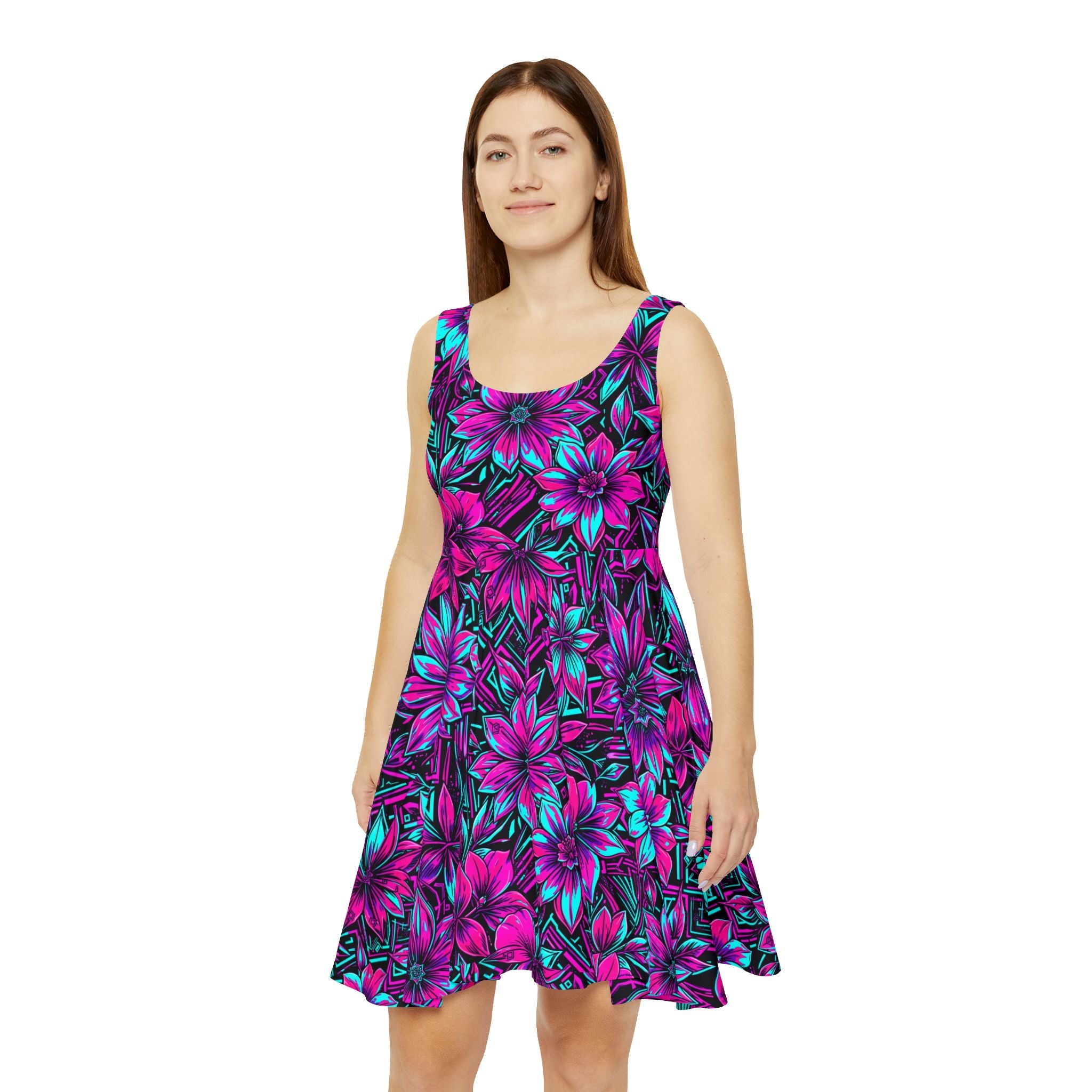 Neon Floral Flared Mini Dress— Bright Breathable Stretchy AOP
