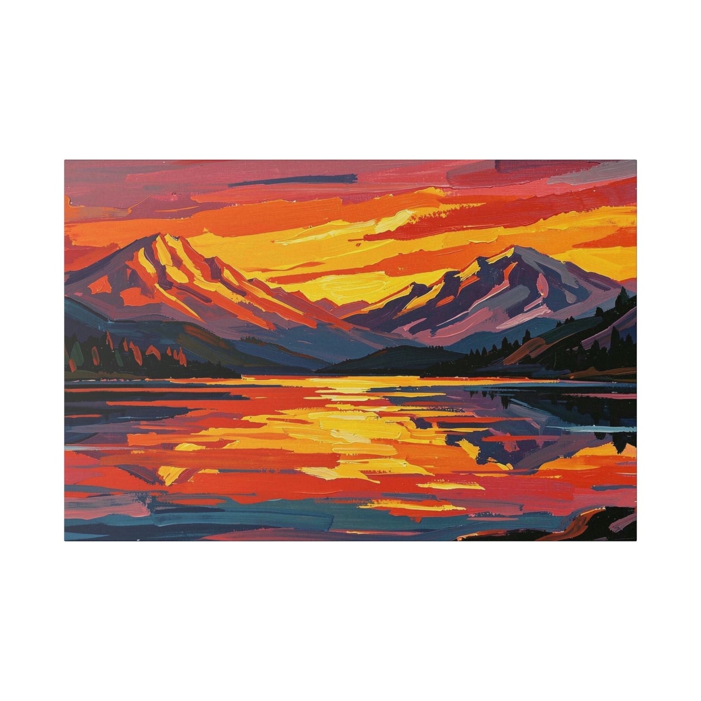 Chromatic sunset mountain lake canvas print with vibrant orange, magenta, and indigo brushstrokes on polyester.