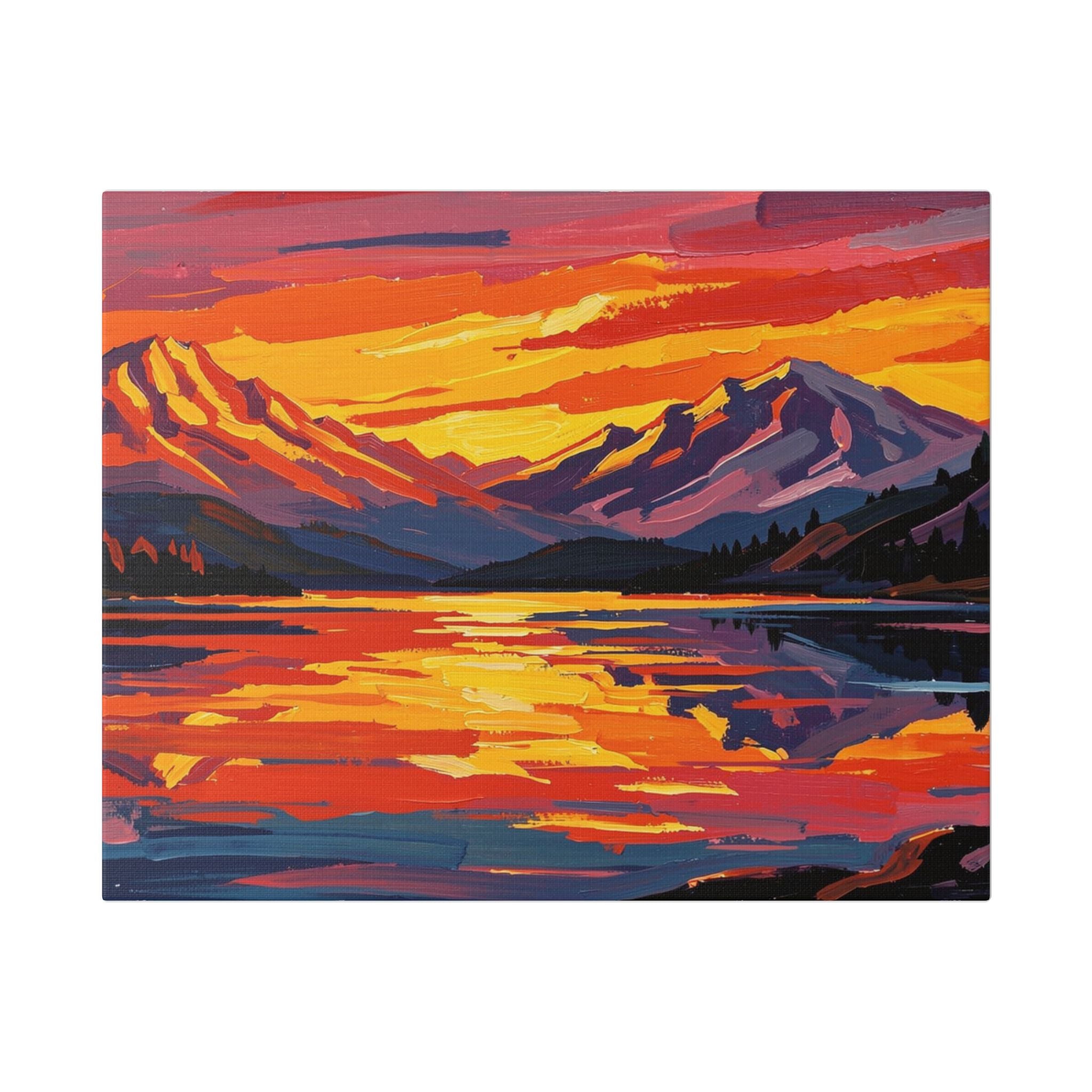Sunset Mountain Lake Canvas Print — Vibrant Mountain Landscape Wall Art