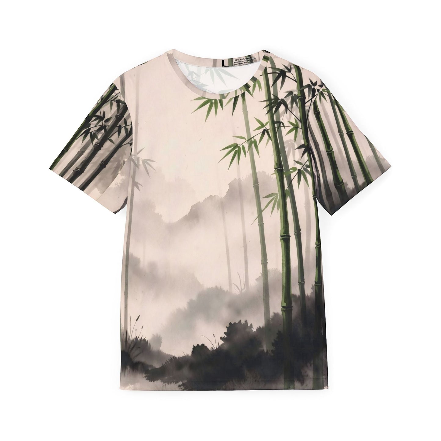 Chromatic Bamboo Mist sports jersey featuring a serene zen landscape print with green bamboo stalks on a misty background.