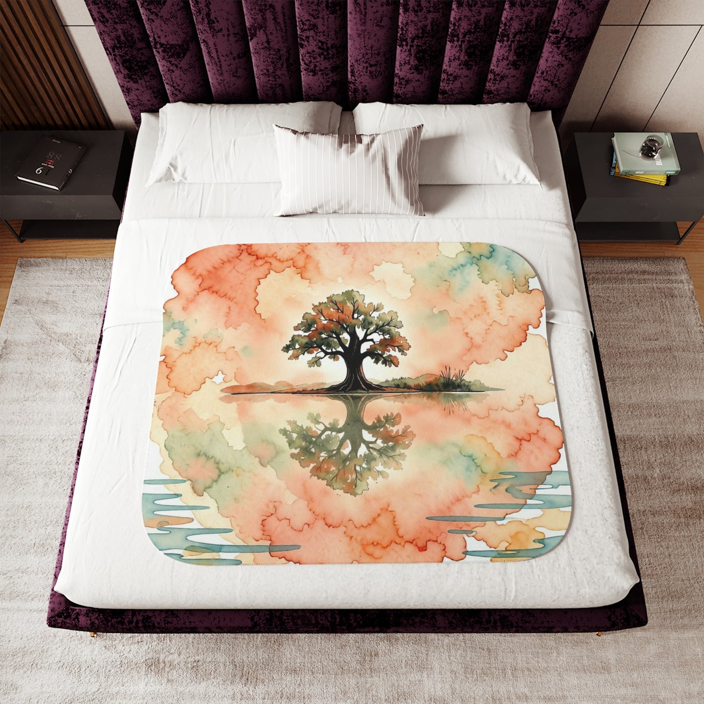 Zen Watercolor Tree  Reflection Sherpa Blanket — Lone Tree Lake Reflection