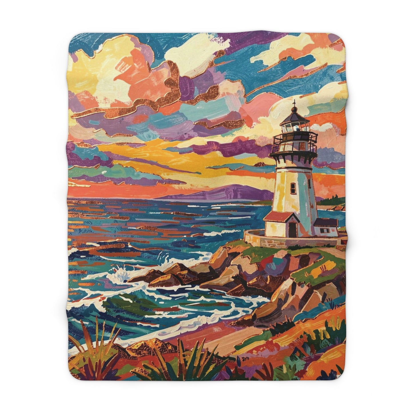 Colorful Lighthouse Sherpa Fleece Blanket — Cozy Nautical Throw
