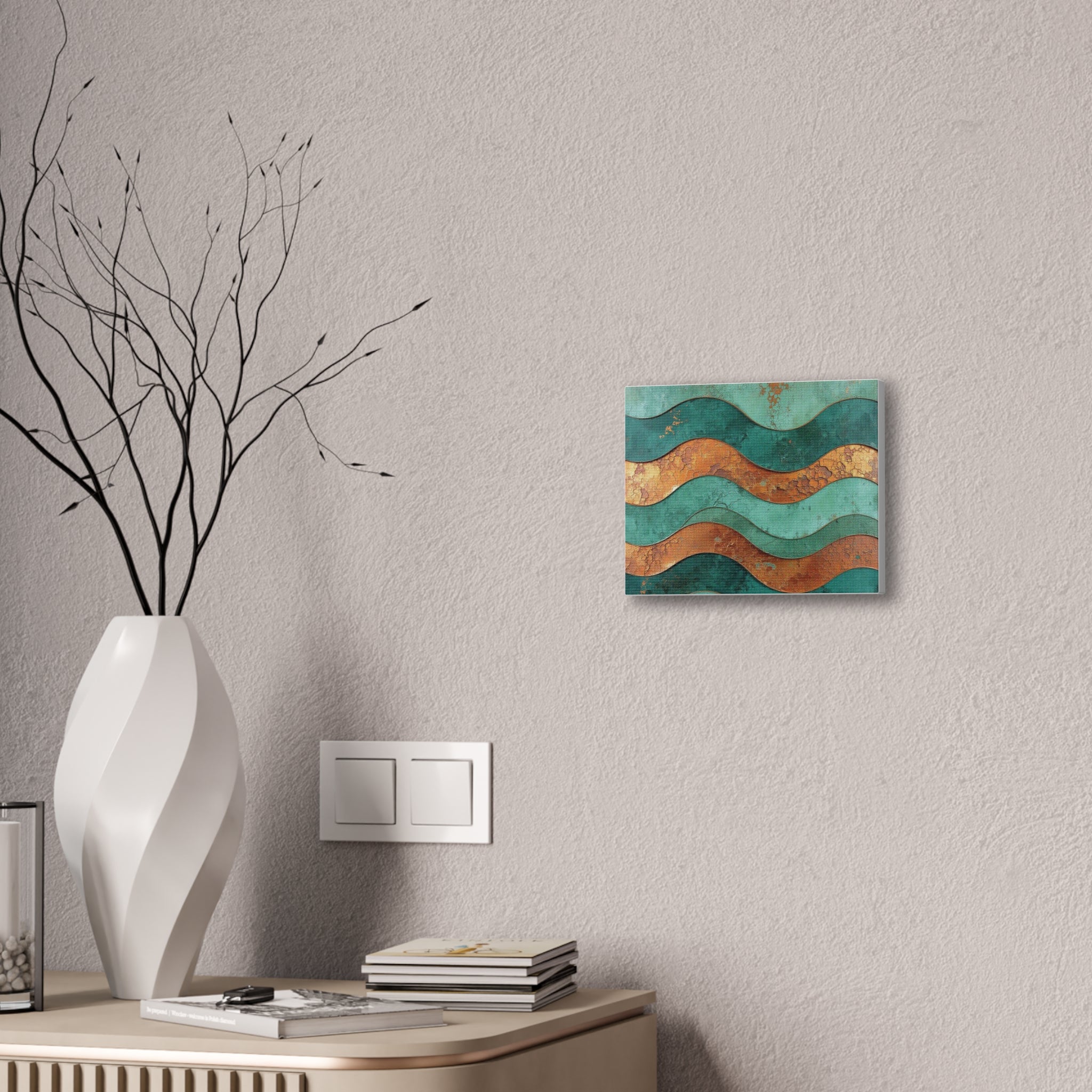 Abstract Copper Waves Canvas Art – Teal & Rust Stretched Wall Decor