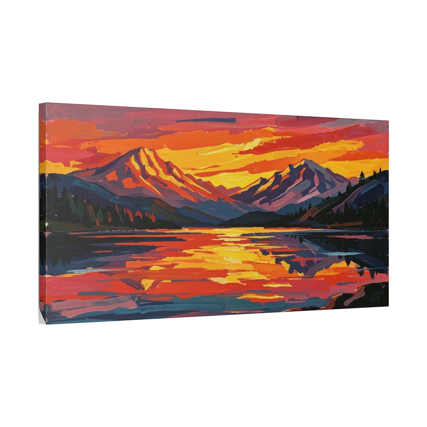 Chromatic canvas print featuring a vibrant sunset over mountains and a lake with bold orange, magenta, and indigo hues.