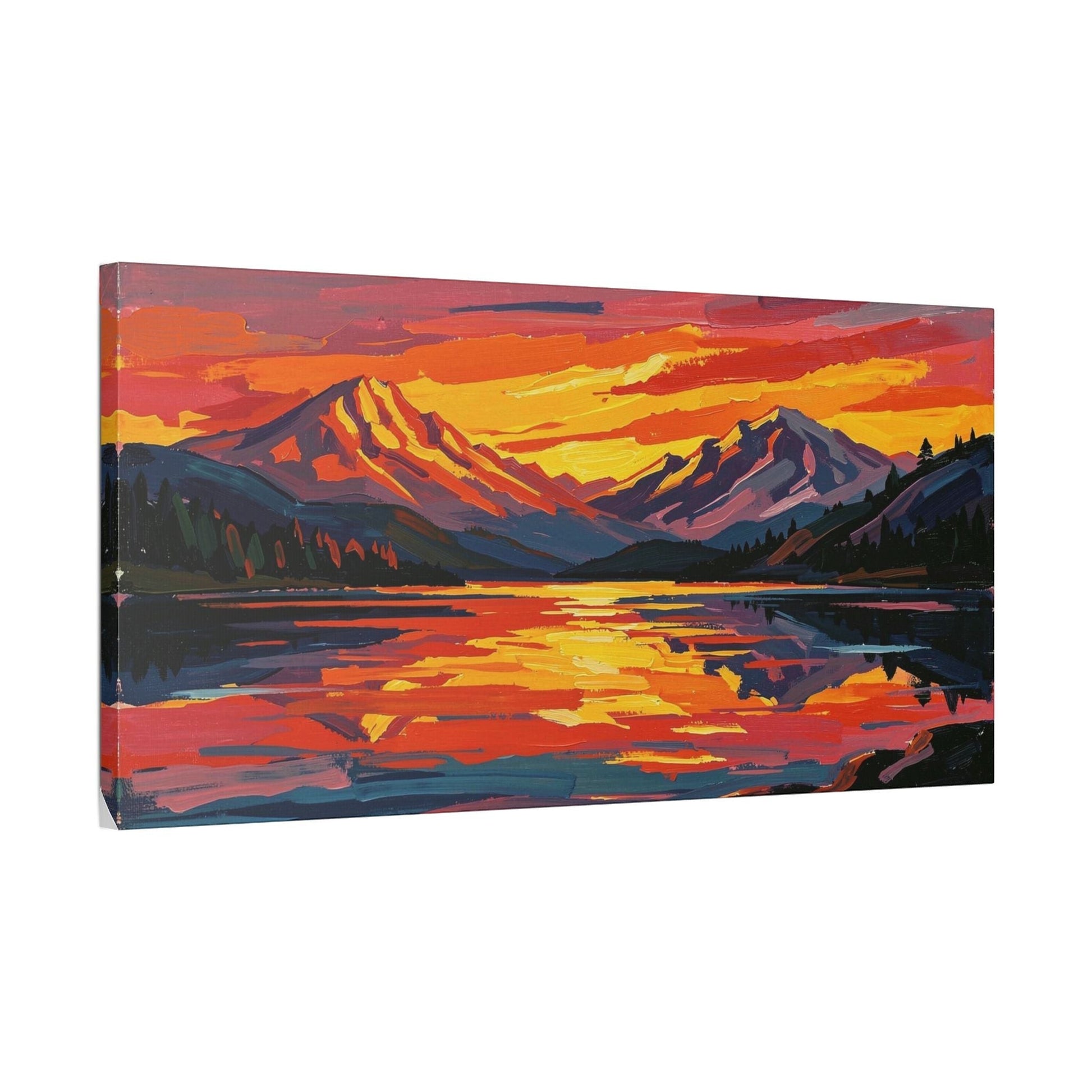 Chromatic canvas print featuring a vibrant sunset over mountains and a lake with bold orange, magenta, and indigo hues.