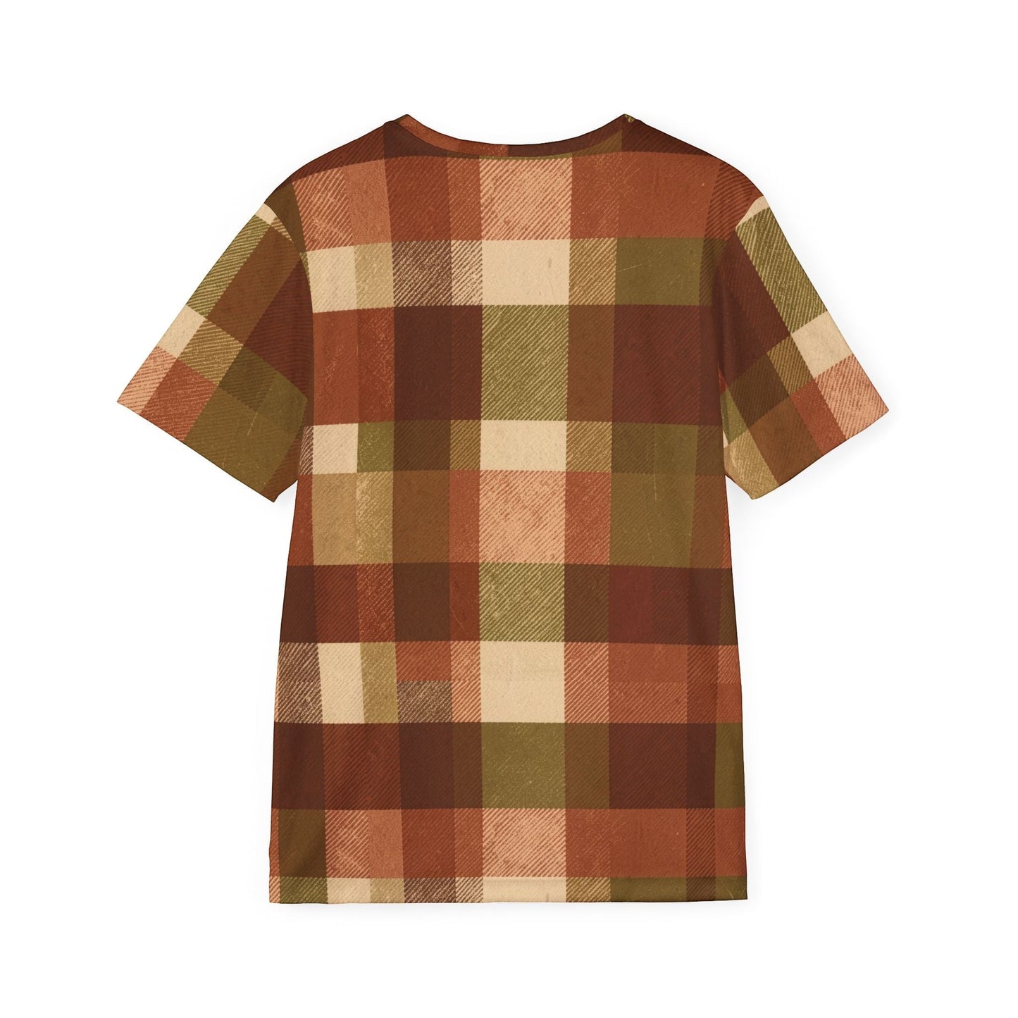 Chromatic plaid sports jersey in autumn brown, rust, olive, and cream with a lightweight, moisture-wicking fit.