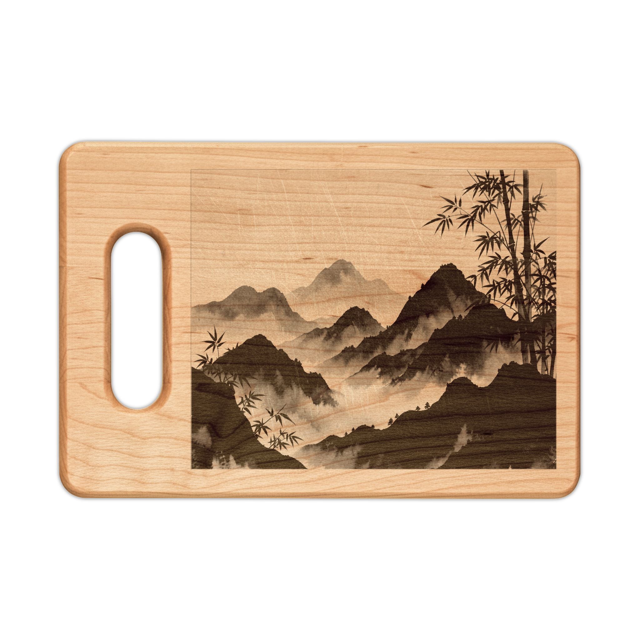 Zen Bamboo Mountains Wooden Cutting Board — Engraved Maple or Walnut
