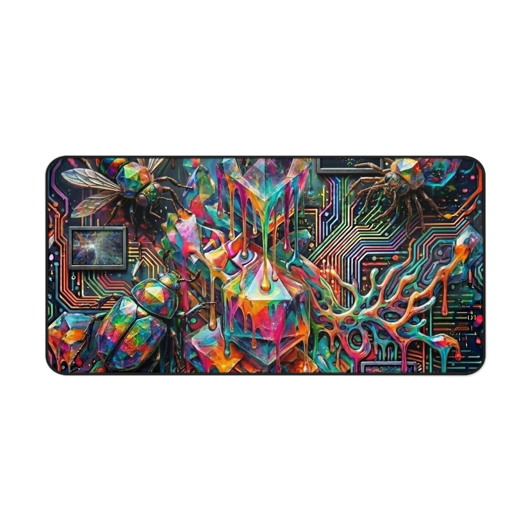 Cyber Psychedelic "Computer Bug" Desk Mat — Crystals, Insects & Circuit Art