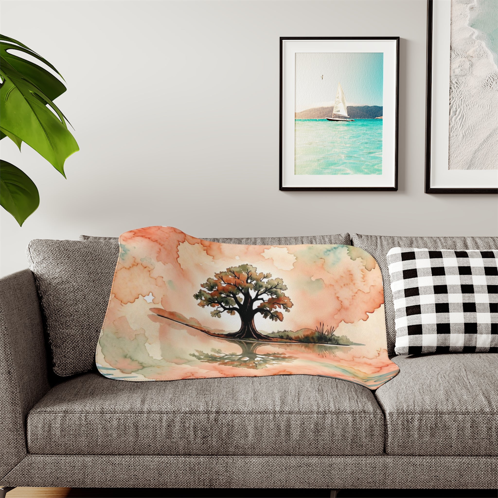 Zen Watercolor Tree Sherpa Blanket — Lone Tree Lake Reflection