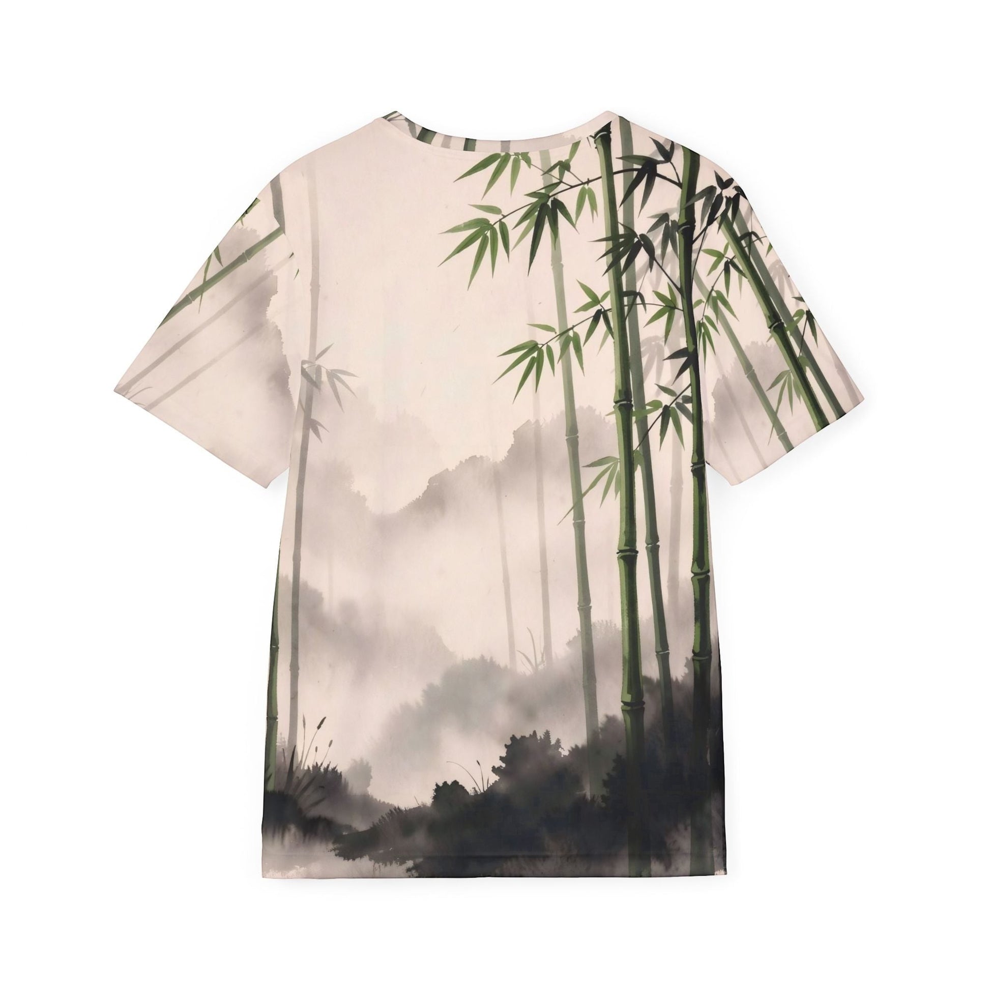 Chromatic Bamboo Mist sports jersey featuring an all-over green and charcoal zen landscape print on polyester fabric.